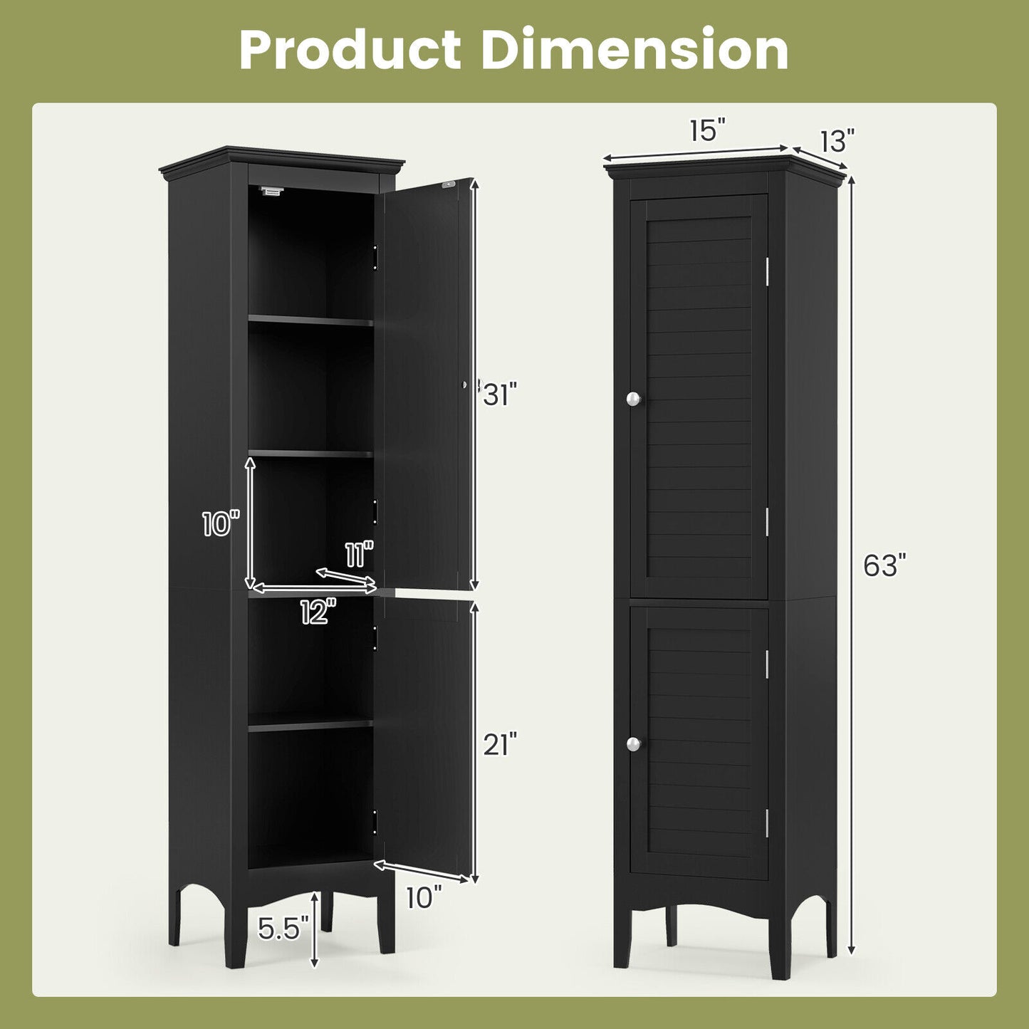 5-Shelf Tall Narrow Storage Cabinet with Louvered Doors