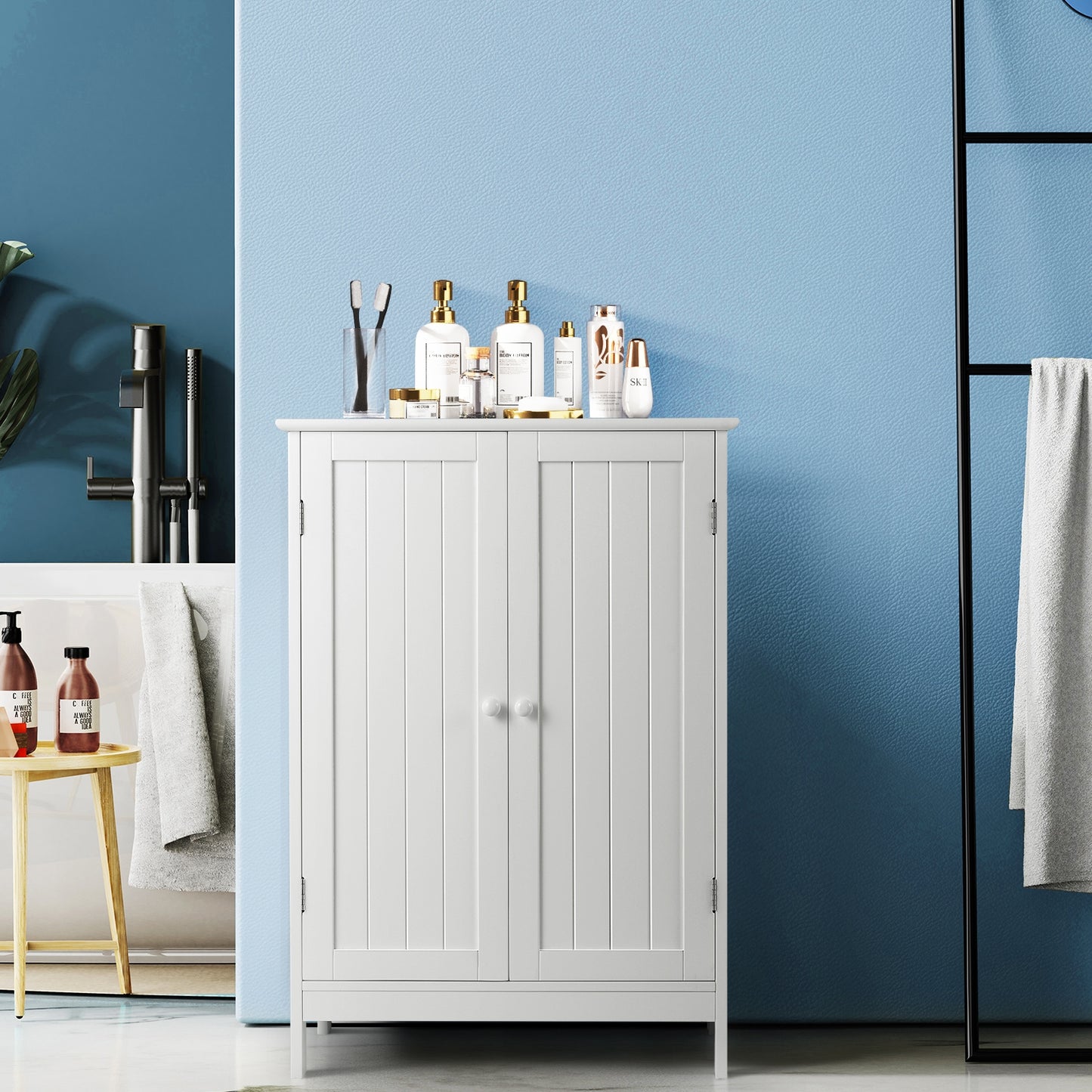 Modern Bathroom Floor Storage Cabinet with Double Doors & Adjustable Shelves