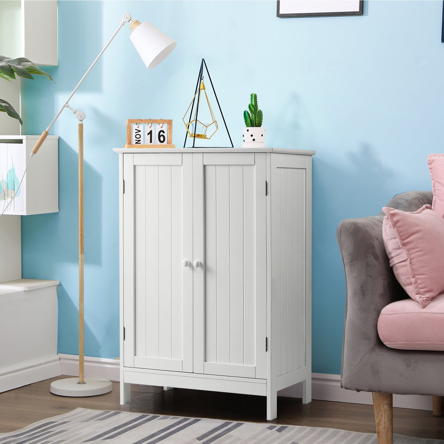 Modern Bathroom Floor Storage Cabinet with Double Doors & Adjustable Shelves