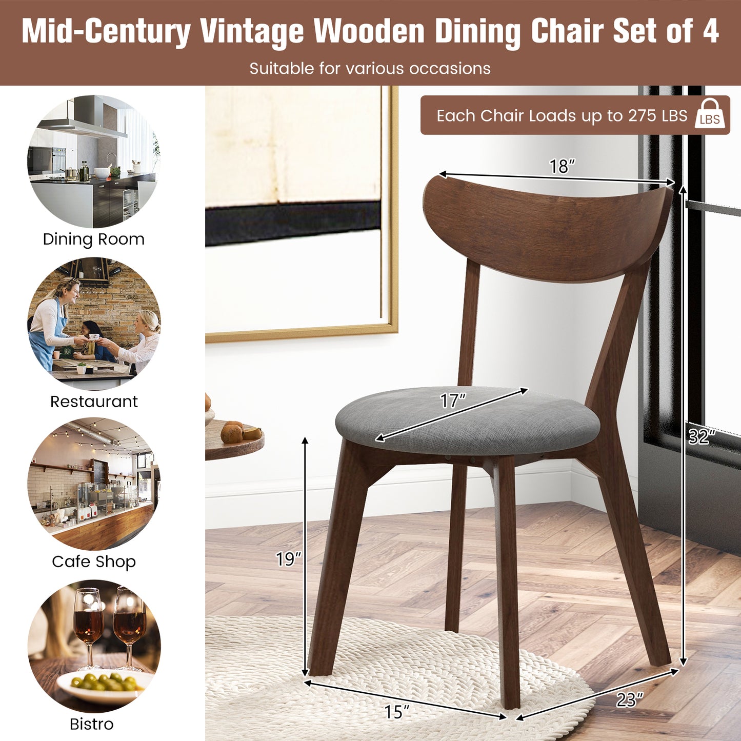 Modern Dining Chairs with Upholstered Seat and Curved Backrest, Set of 2