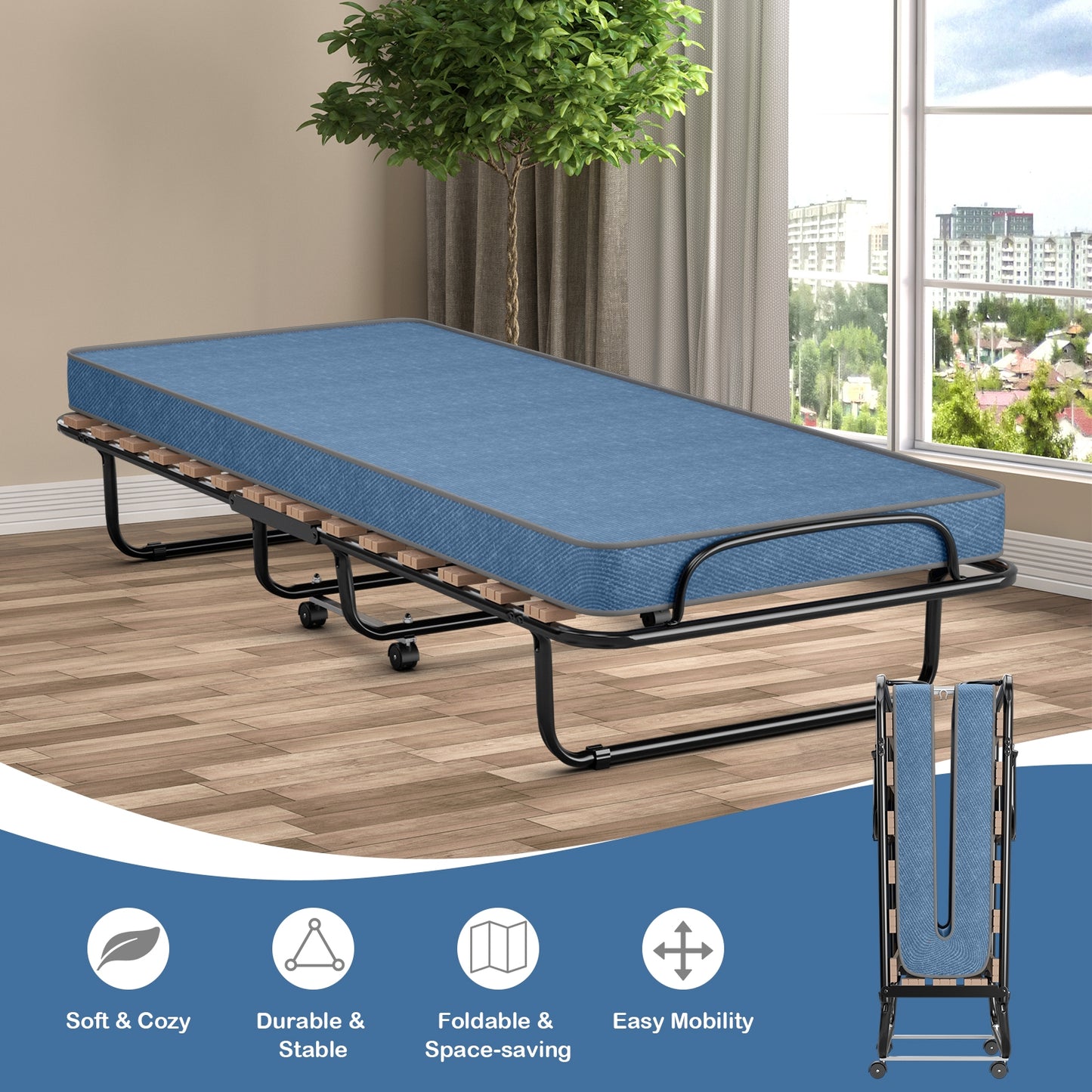 Portable Folding Bed with Memory Foam Mattress & Sturdy Metal Frame – Made in Italy (Navy)