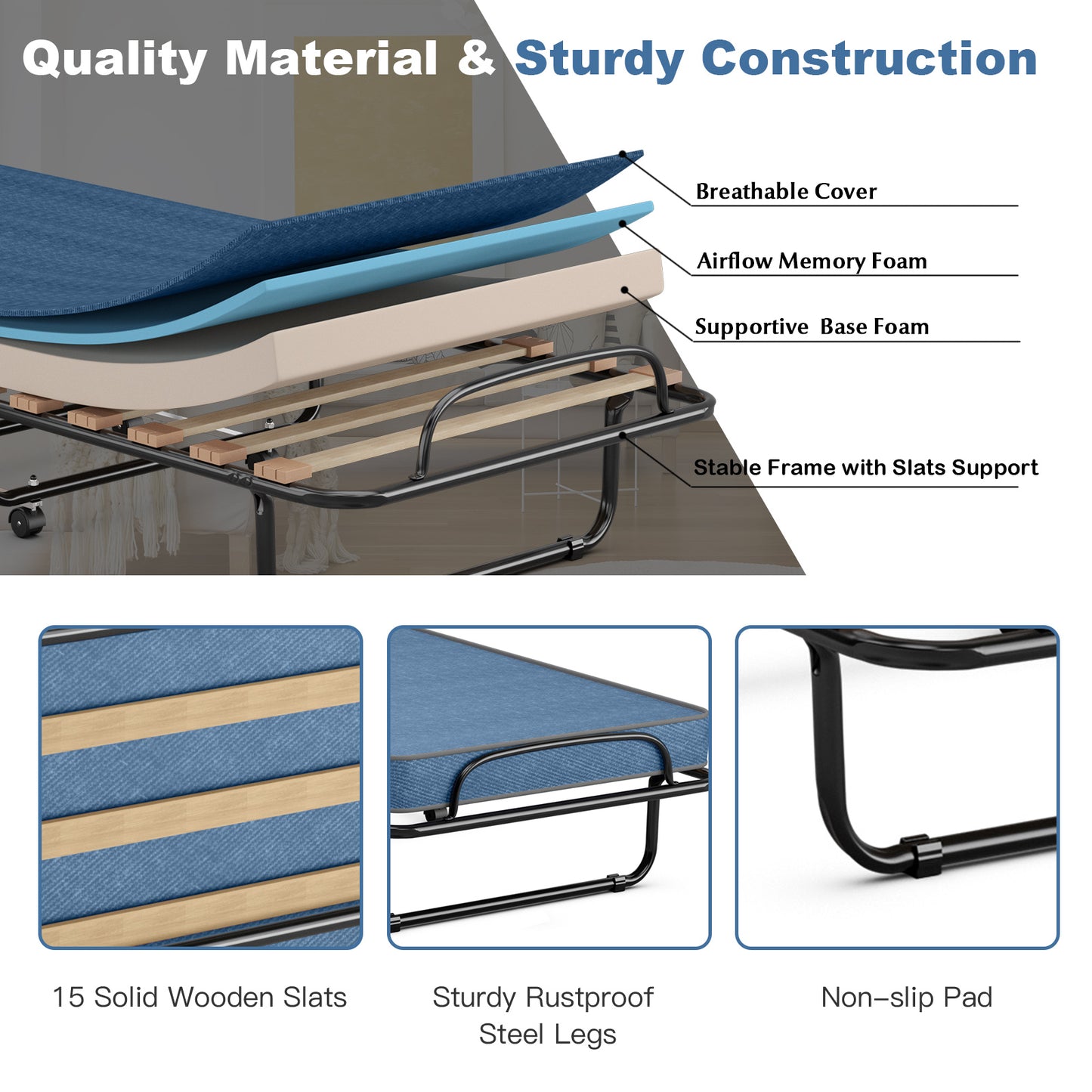 Portable Folding Bed with Memory Foam Mattress & Sturdy Metal Frame – Made in Italy (Navy)