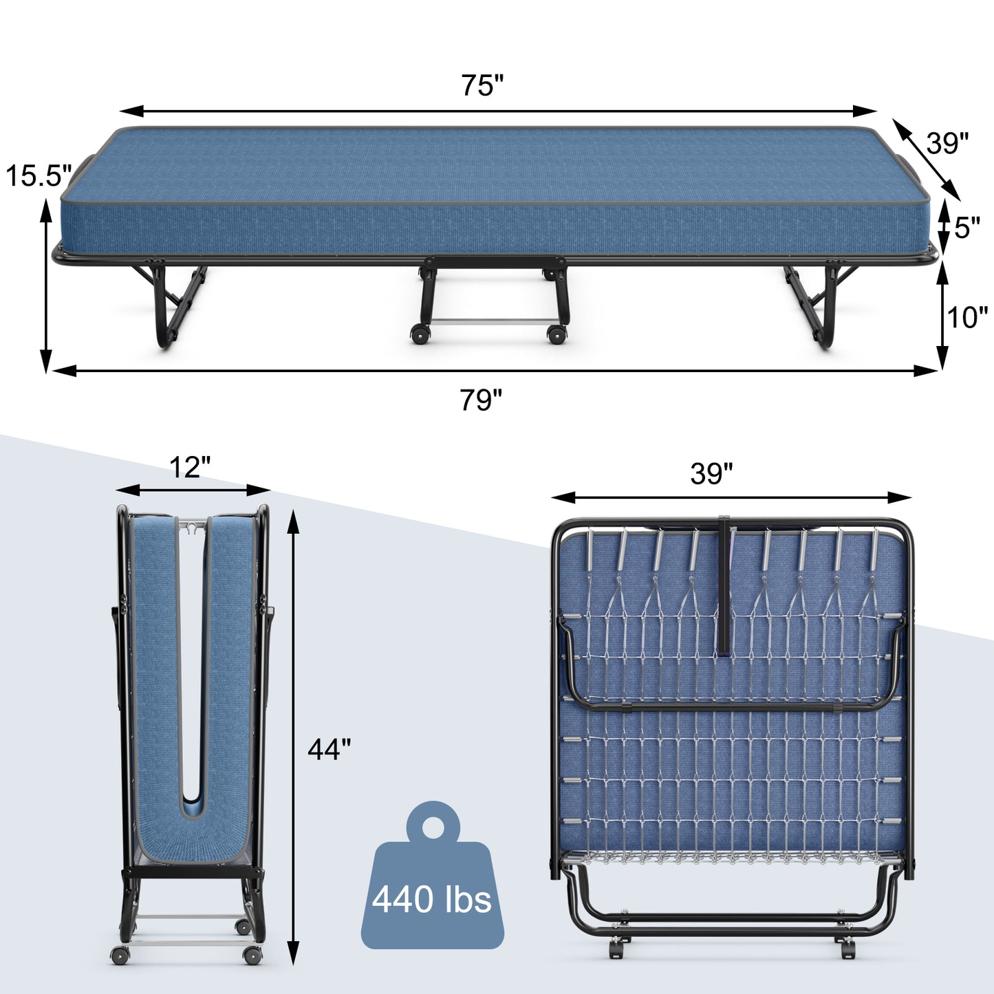 Portable Folding Bed with Memory Foam Mattress & Sturdy Metal Frame – Made in Italy (Navy)
