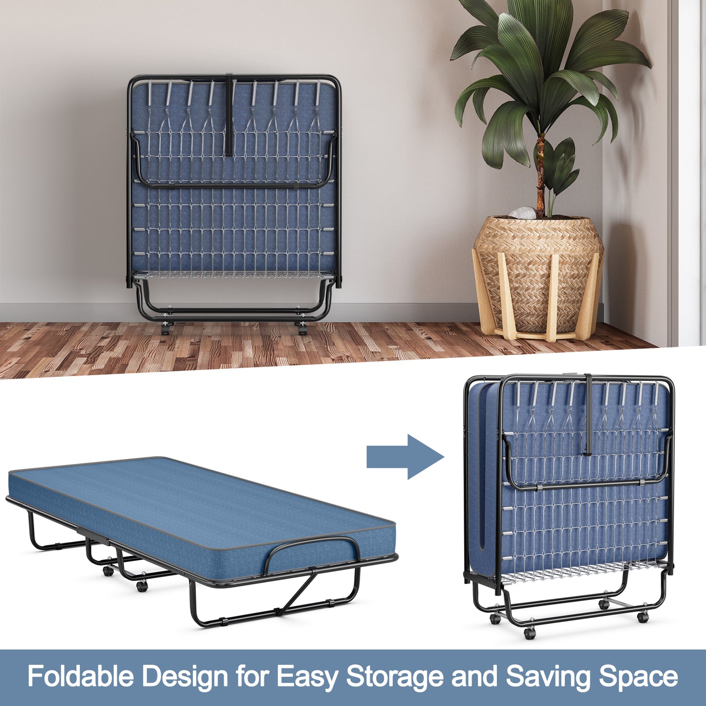 Rollaway Guest Bed with Memory Foam Mattress and Steel Frame Made in Italy - Navy