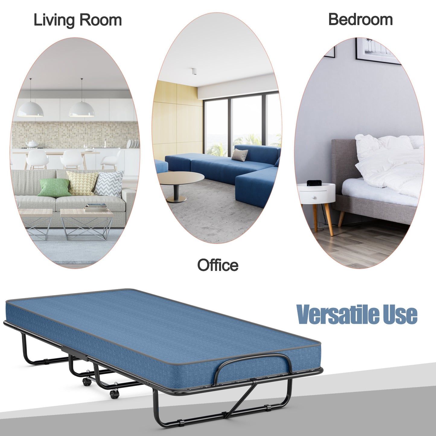 Rollaway Guest Bed with Memory Foam Mattress and Steel Frame Made in Italy - Navy