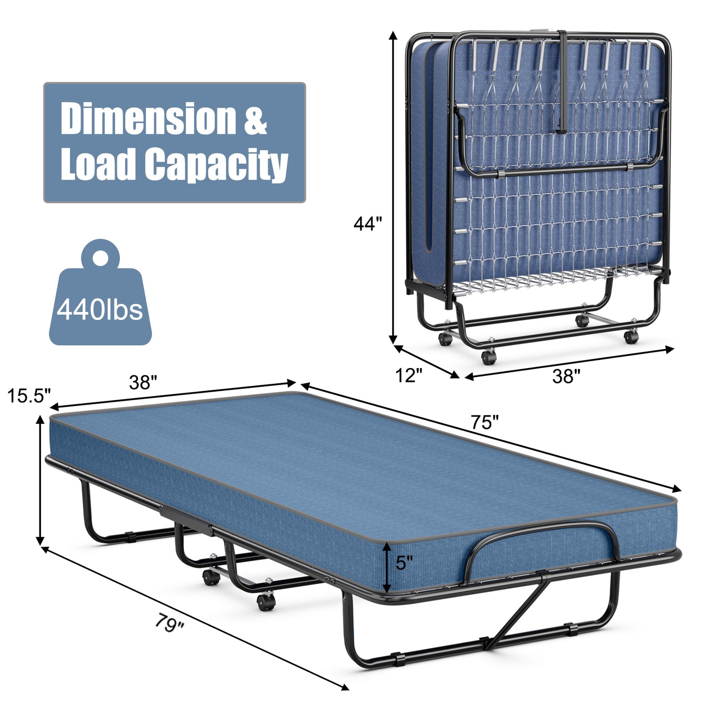 Rollaway Guest Bed with Memory Foam Mattress and Steel Frame Made in Italy - Navy