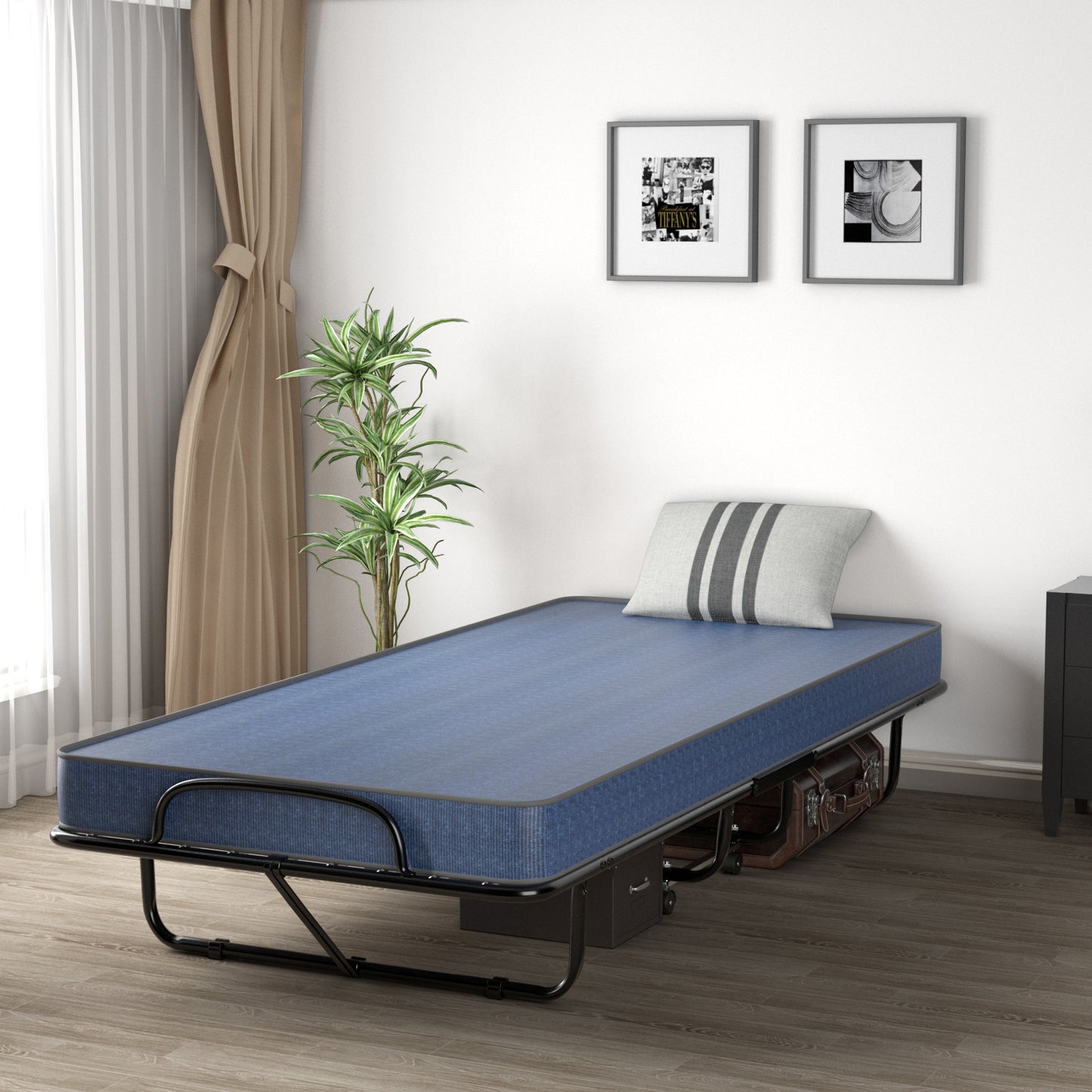 Rollaway Guest Bed with Memory Foam Mattress and Steel Frame Made in Italy - Navy