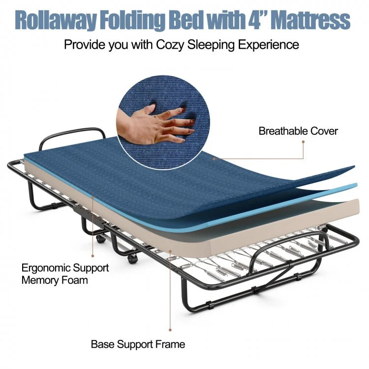 Rollaway Guest Bed with Memory Foam Mattress and Steel Frame Made in Italy - Navy