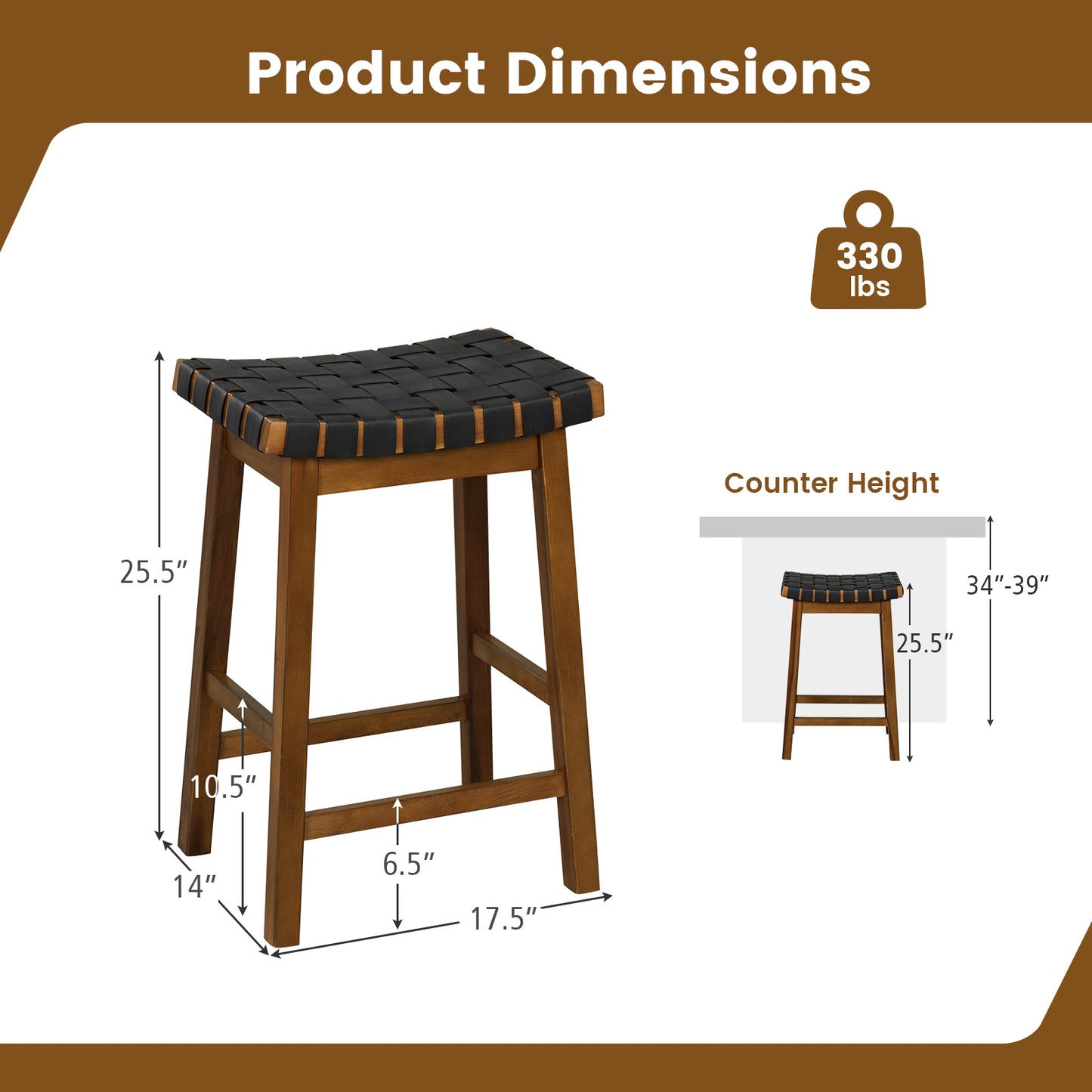 Set of 2 Bar Height Stools with Woven Curved Faux PU Leather Seats 25.5 Inches