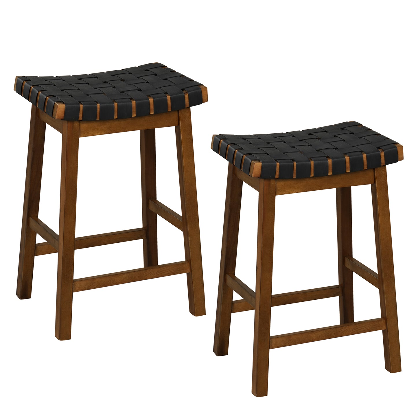 Set of 2 Bar Height Stools with Woven Curved Faux PU Leather Seats 25.5 Inches