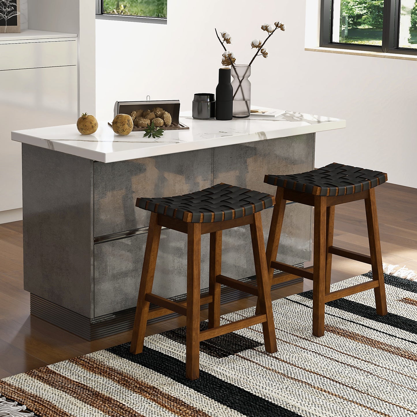 Set of 2 Bar Height Stools with Woven Curved Faux PU Leather Seats 25.5 Inches