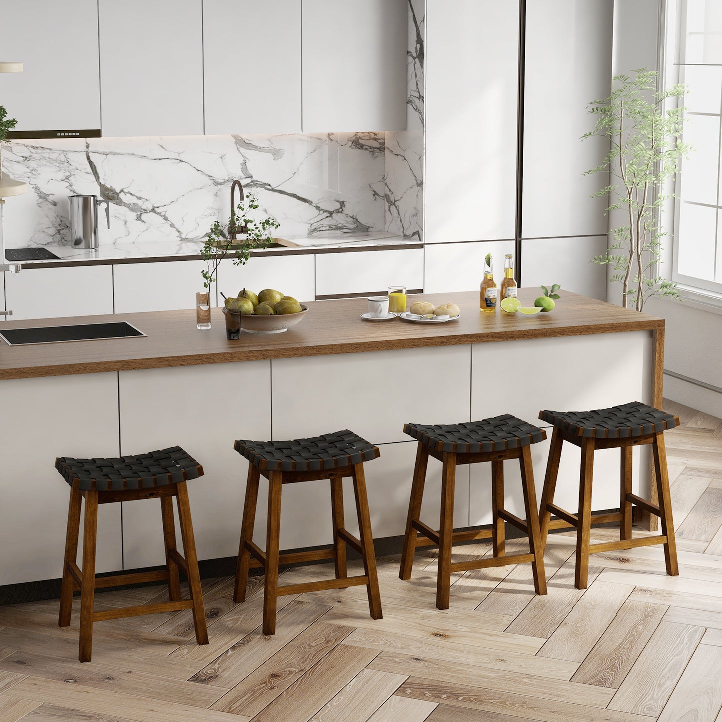 Set of 2 Bar Height Stools with Woven Curved Faux PU Leather Seats 25.5 Inches