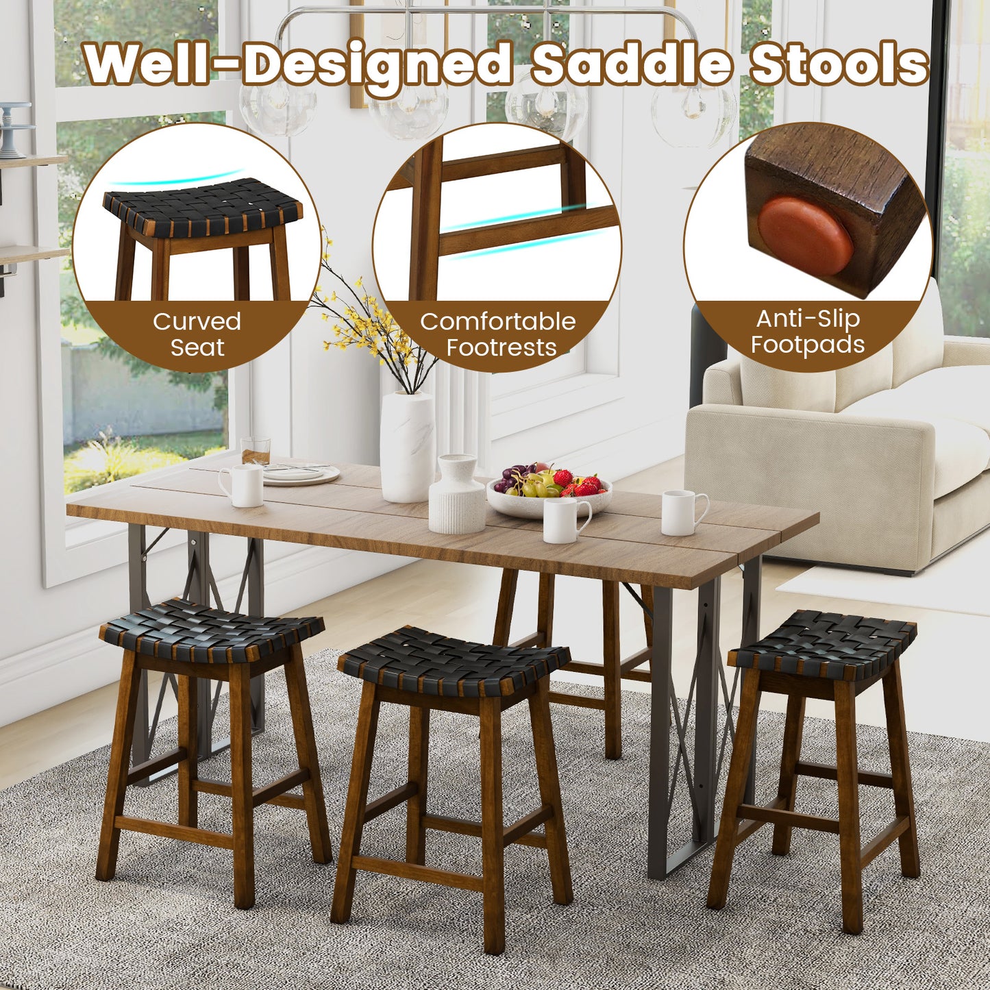 Set of 2 Bar Height Stools with Woven Curved Faux PU Leather Seats 25.5 Inches