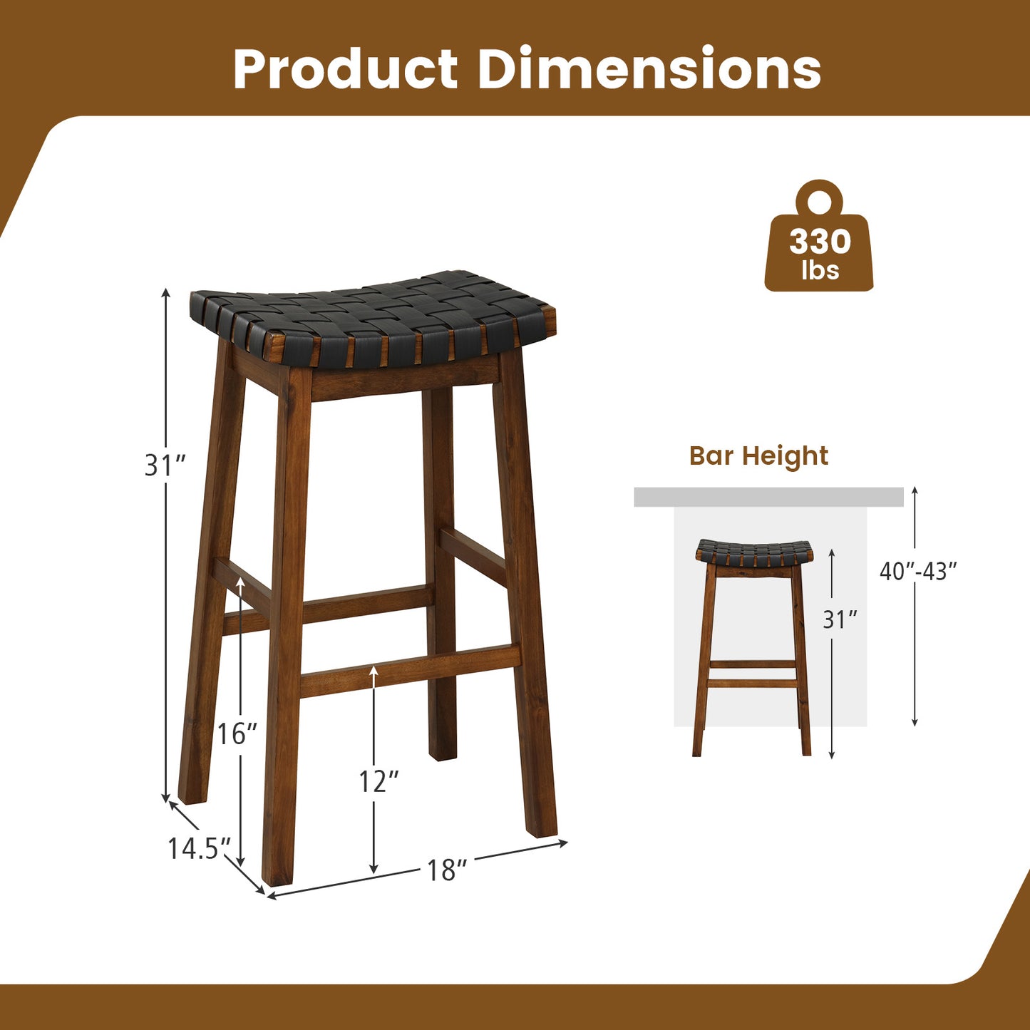 Set of 2 Bar Height Stools with Woven Curved Faux PU Leather Seats 31 Inches