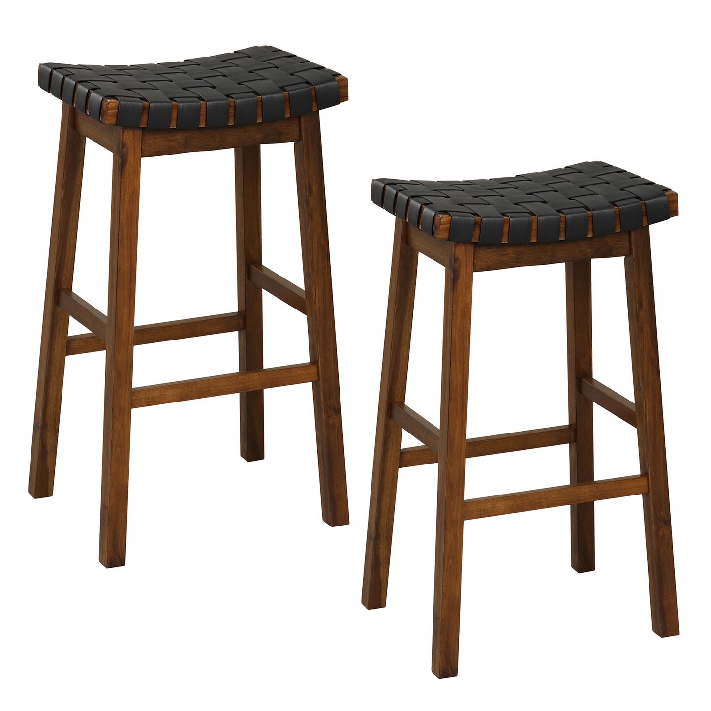 Set of 2 Bar Height Stools with Woven Curved Faux PU Leather Seats 31 Inches