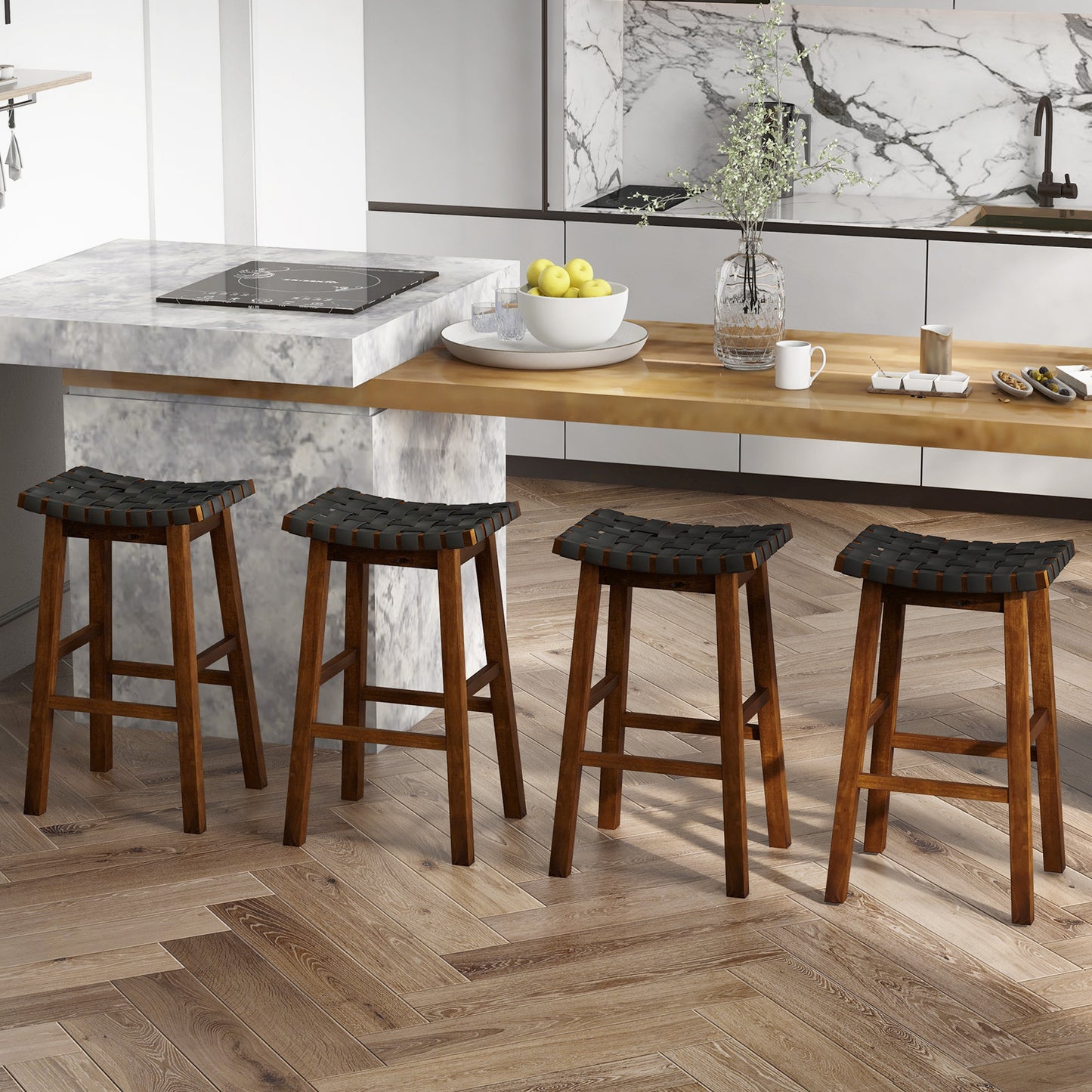 Set of 2 Bar Height Stools with Woven Curved Faux PU Leather Seats 31 Inches