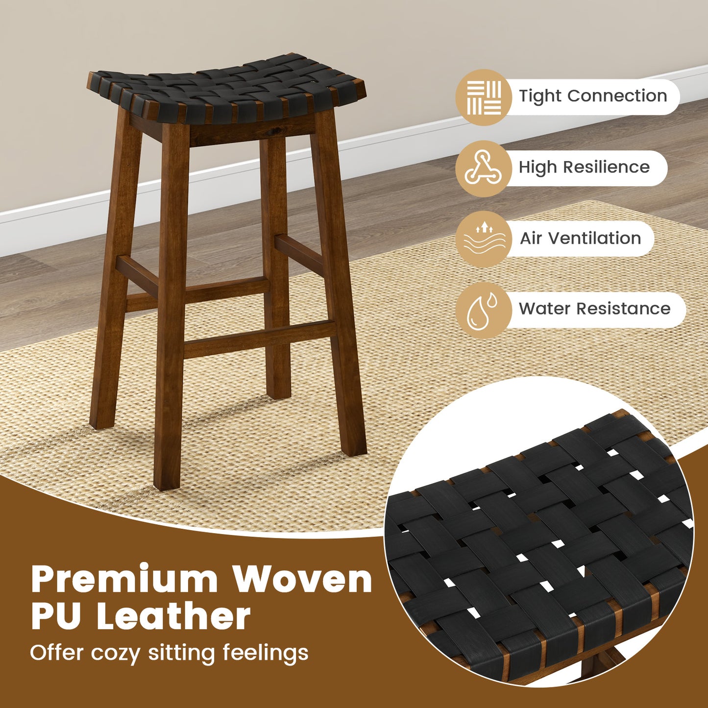 Set of 2 Bar Height Stools with Woven Curved Faux PU Leather Seats 31 Inches