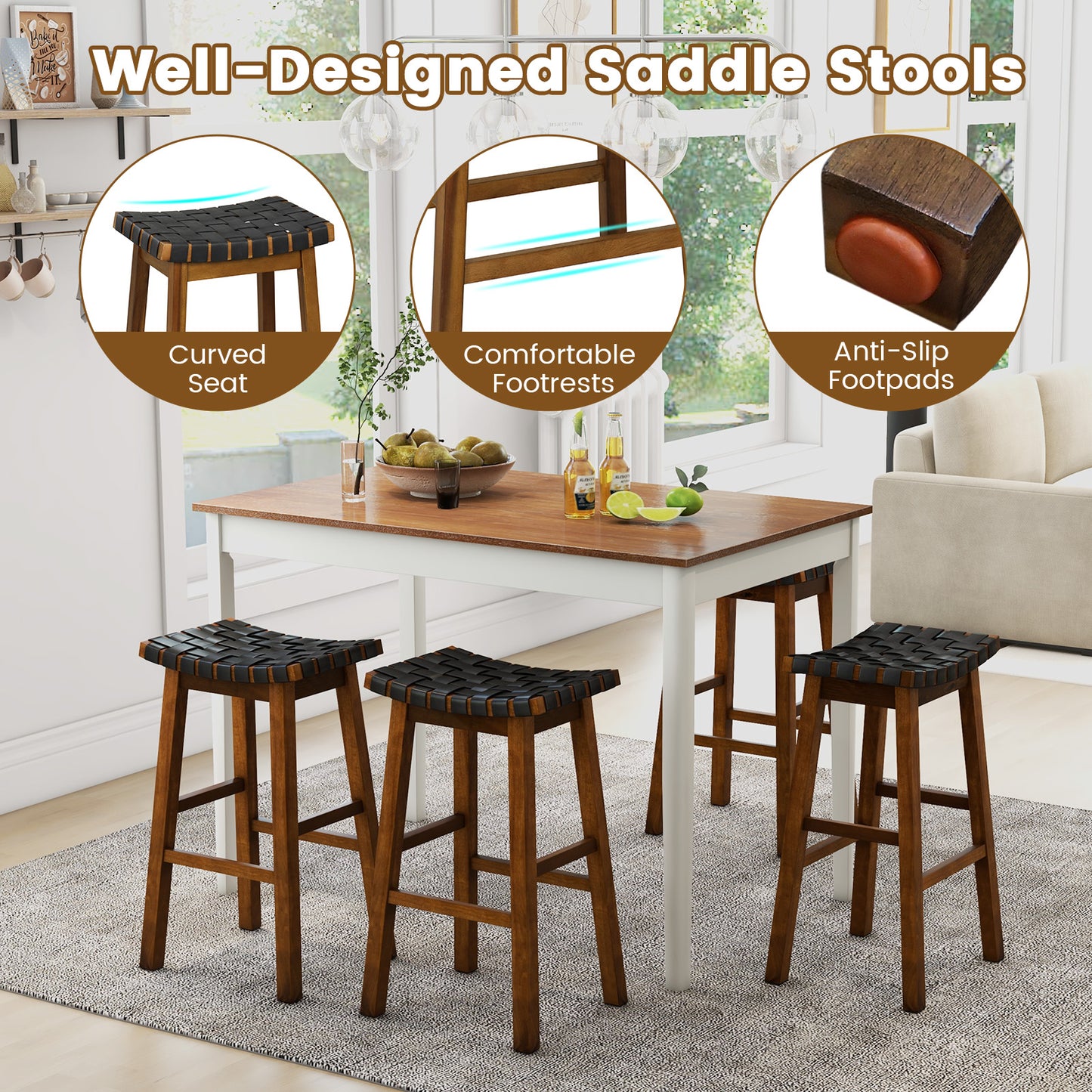 Set of 2 Bar Height Stools with Woven Curved Faux PU Leather Seats 31 Inches