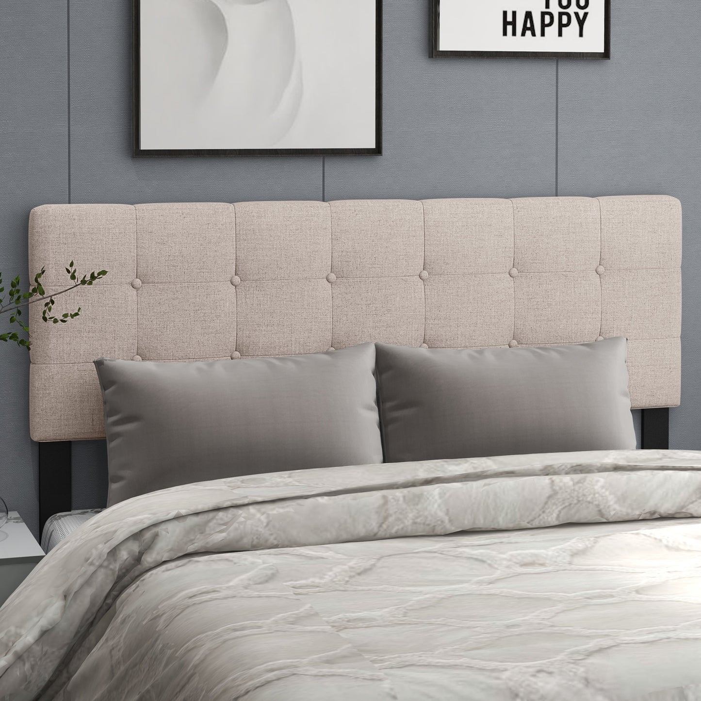 Upholstered Headboard with Solid Rubber Wood Legs for Full/Queen Beds - Beige