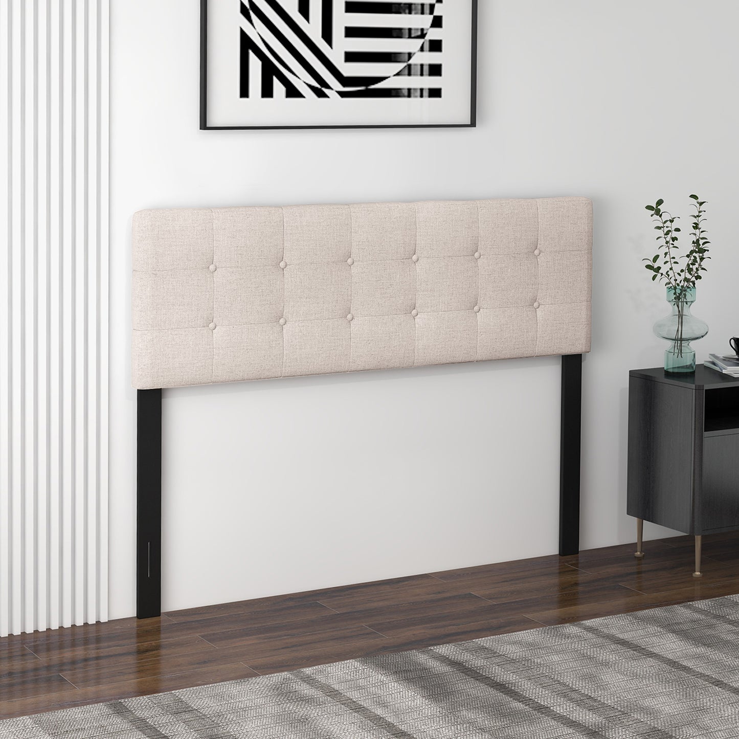 Upholstered Headboard with Solid Rubber Wood Legs for Full/Queen Beds - Beige