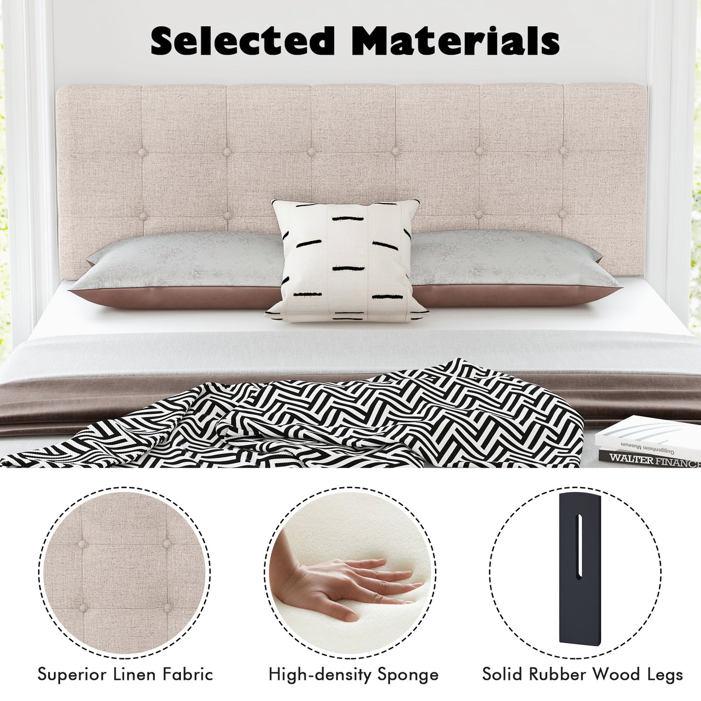 Upholstered Headboard with Solid Rubber Wood Legs for Full/Queen Beds - Beige
