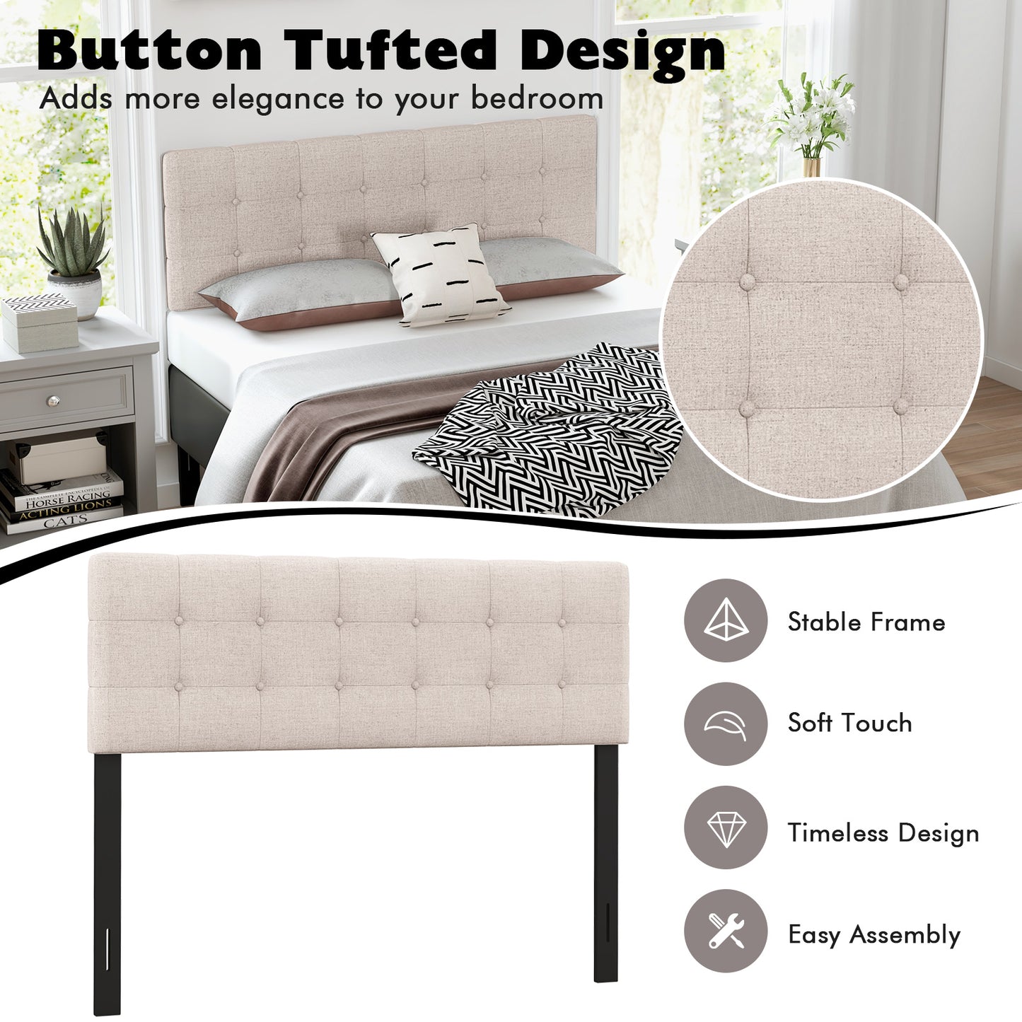 Upholstered Headboard with Solid Rubber Wood Legs for Full/Queen Beds - Beige