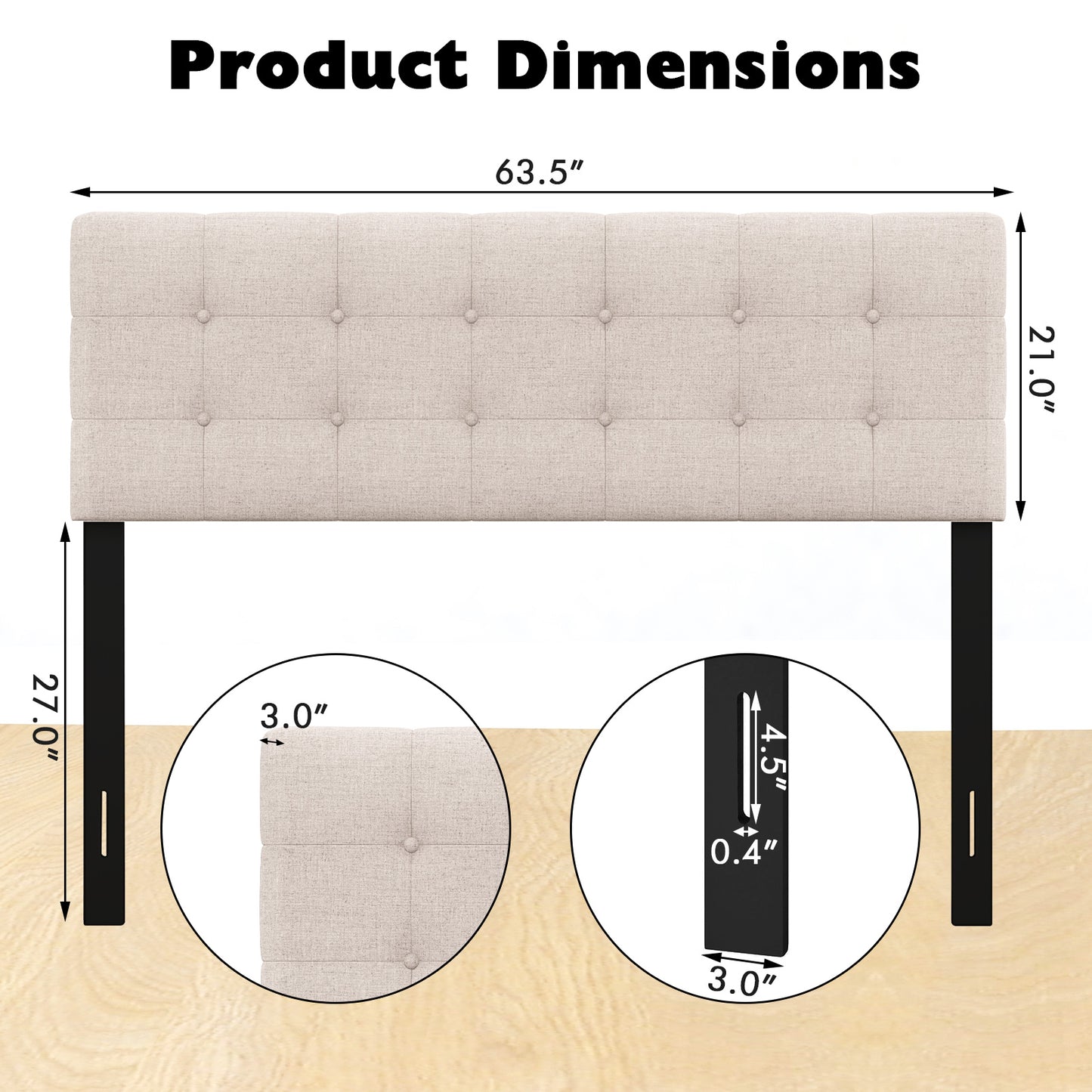Upholstered Headboard with Solid Rubber Wood Legs for Full/Queen Beds - Beige