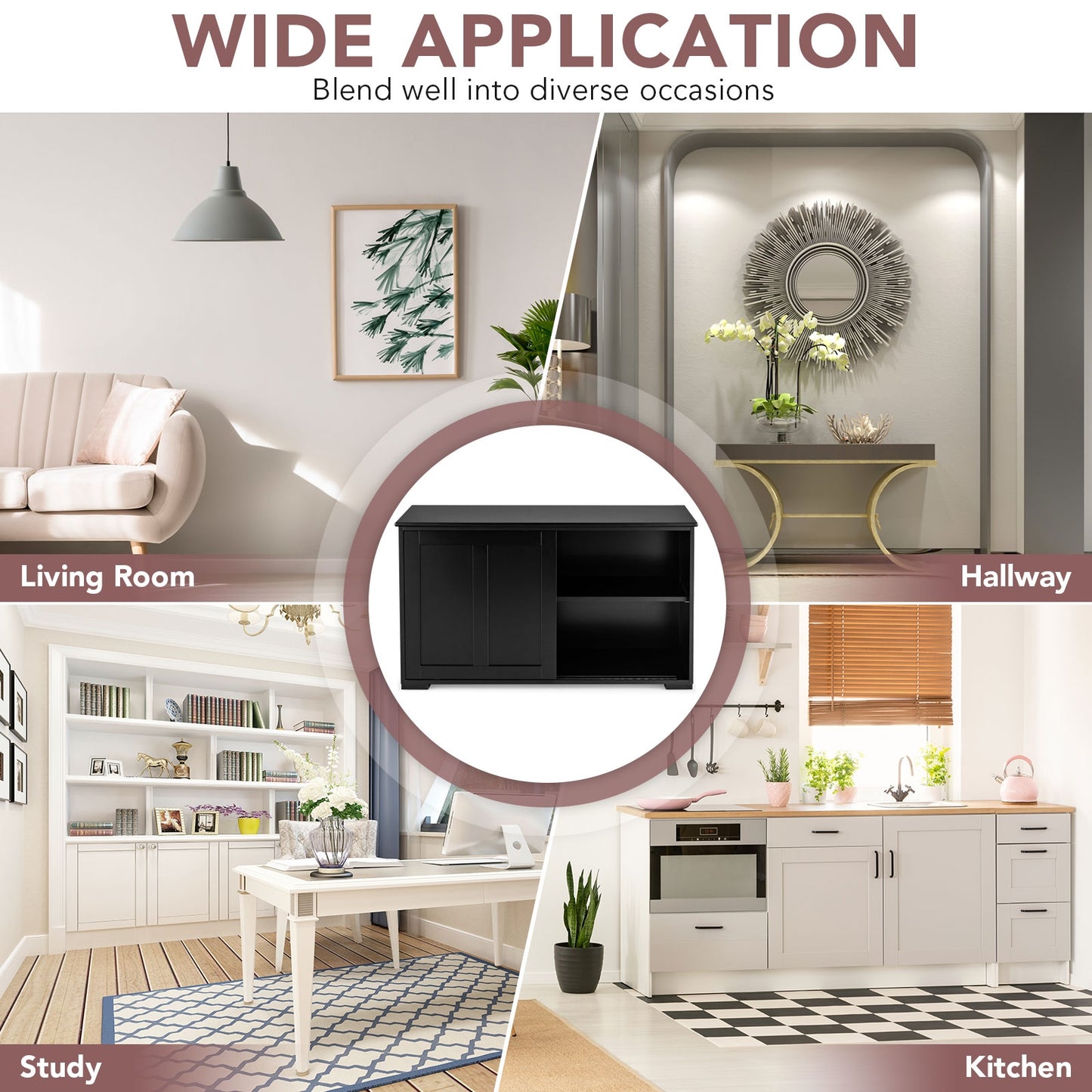 Stackable Kitchen Sideboard Cabinet with Adjustable Shelf for Pantry Dining or Entryway Storage in Black
