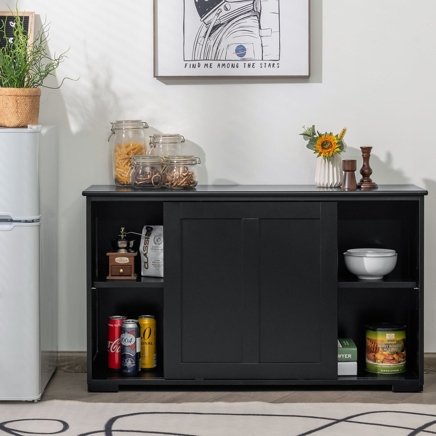 Stackable Kitchen Sideboard Cabinet with Adjustable Shelf for Pantry Dining or Entryway Storage in Black