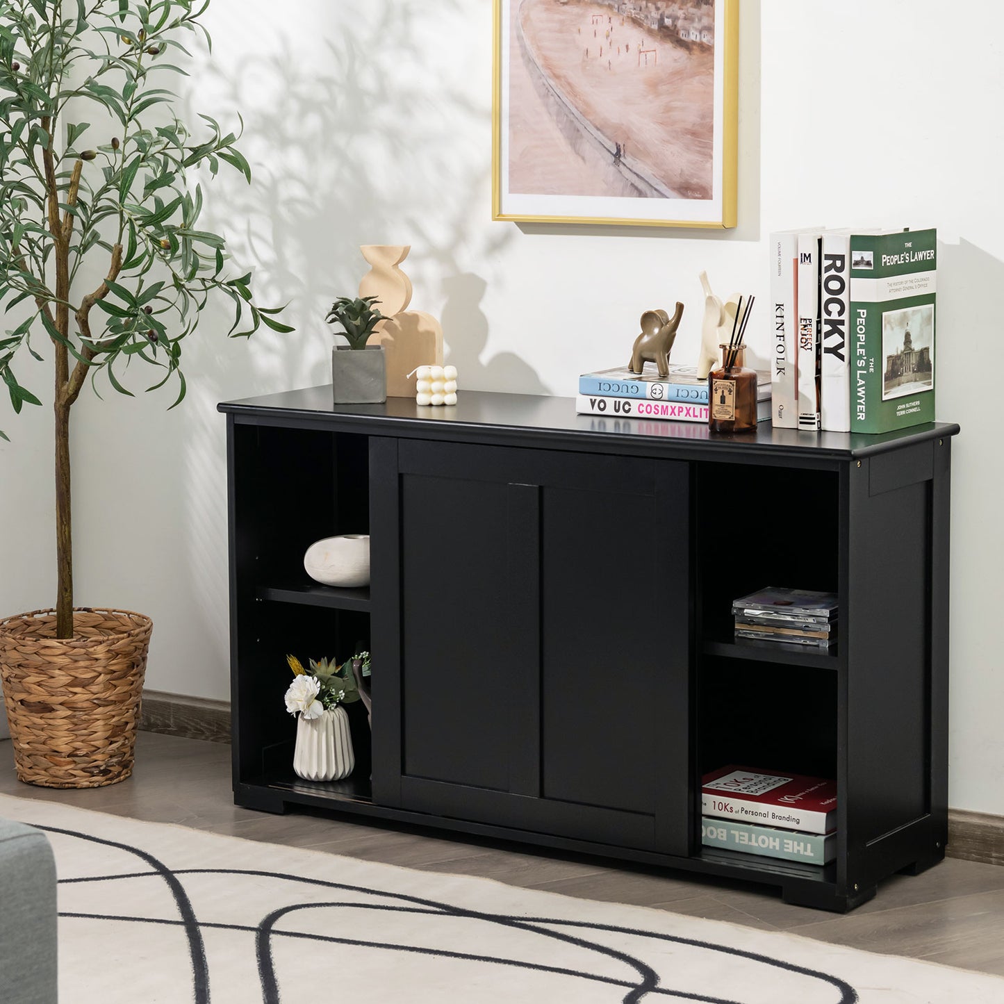 Stackable Kitchen Sideboard Cabinet with Adjustable Shelf for Pantry Dining or Entryway Storage in Black