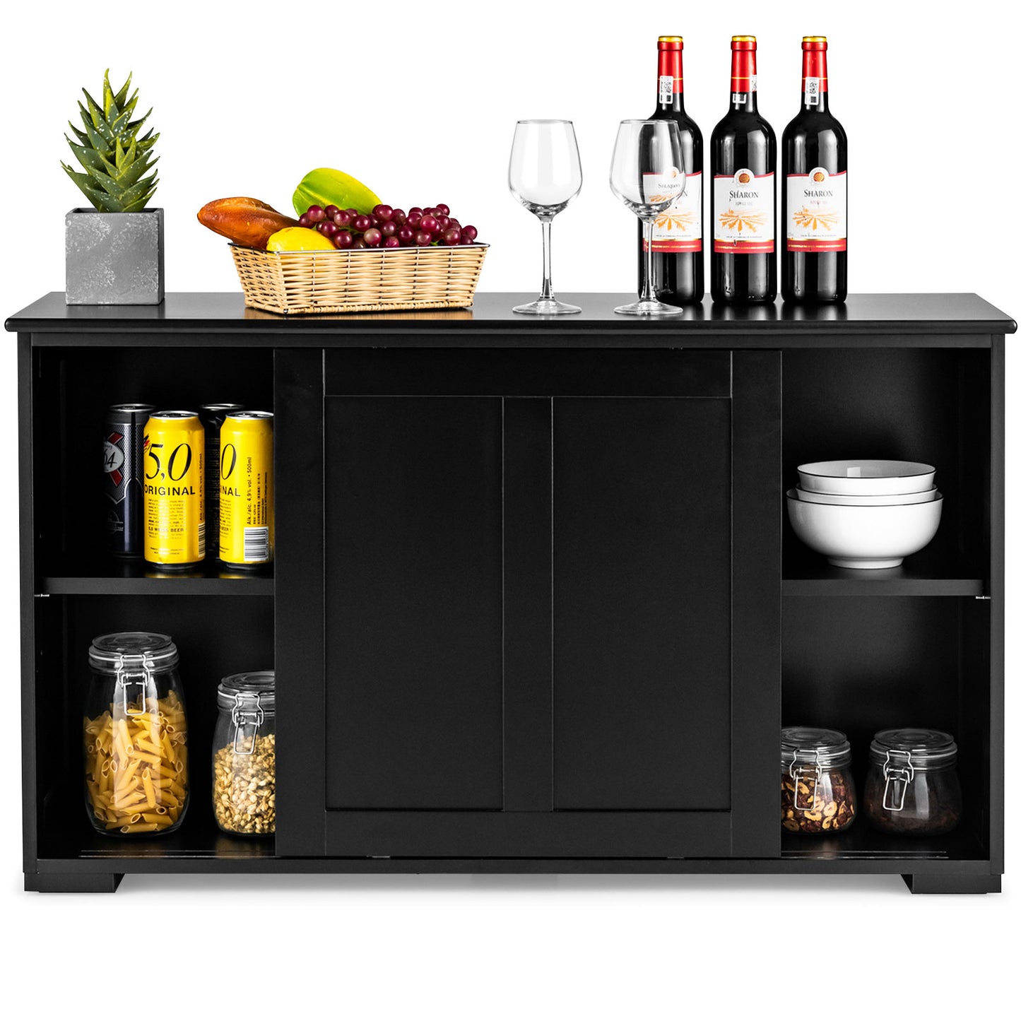 Stackable Kitchen Sideboard Cabinet with Adjustable Shelf for Pantry Dining or Entryway Storage in Black