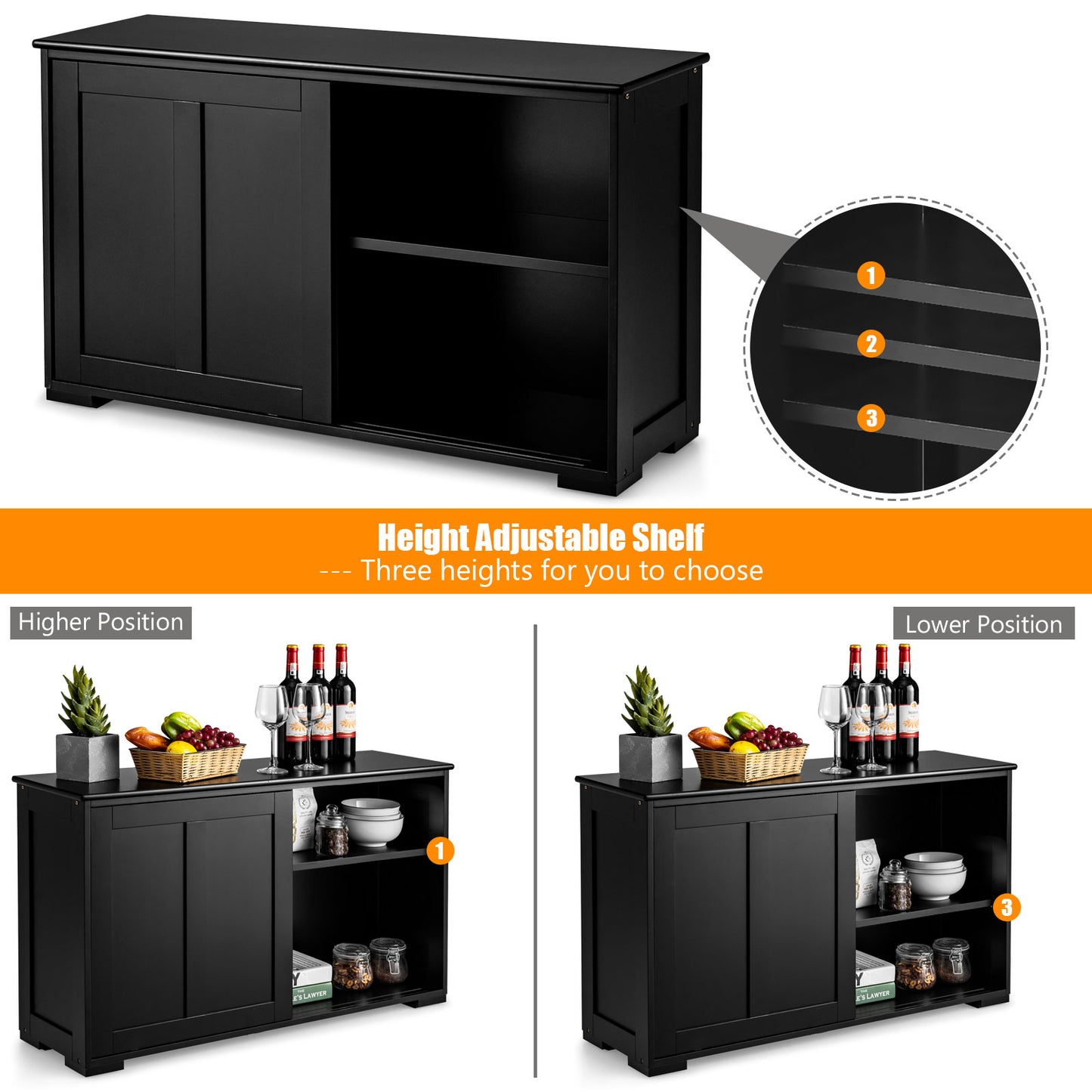 Stackable Kitchen Sideboard Cabinet with Adjustable Shelf for Pantry Dining or Entryway Storage in Black