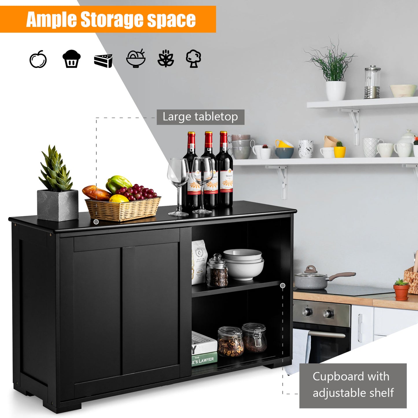 Stackable Kitchen Sideboard Cabinet with Adjustable Shelf for Pantry Dining or Entryway Storage in Black