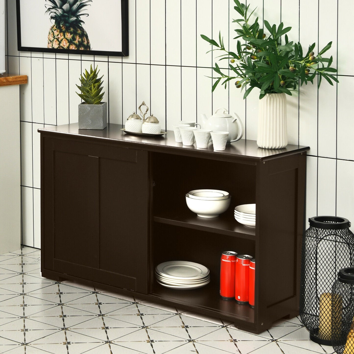 Stackable Kitchen Sideboard Cabinet with Adjustable Shelf for Pantry Dining or Entryway Storage in Brown