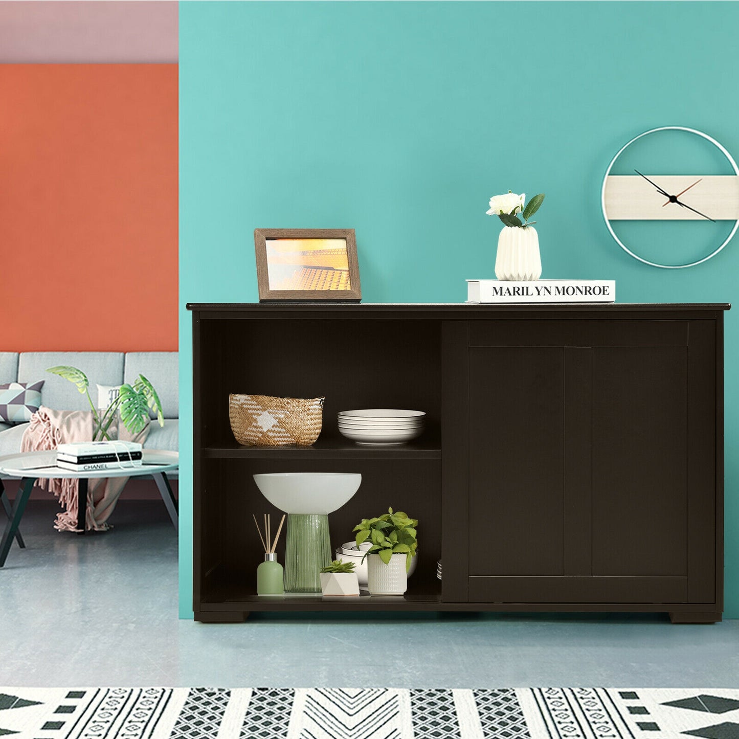 Stackable Kitchen Sideboard Cabinet with Adjustable Shelf for Pantry Dining or Entryway Storage in Brown