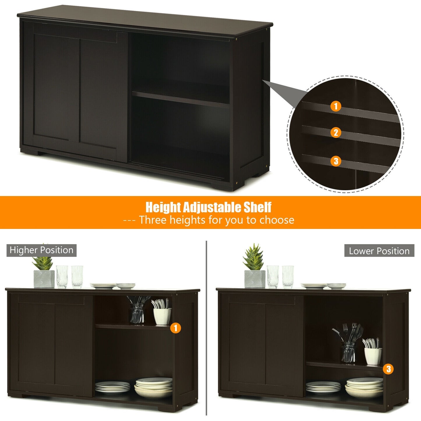 Stackable Kitchen Sideboard Cabinet with Adjustable Shelf for Pantry Dining or Entryway Storage in Brown