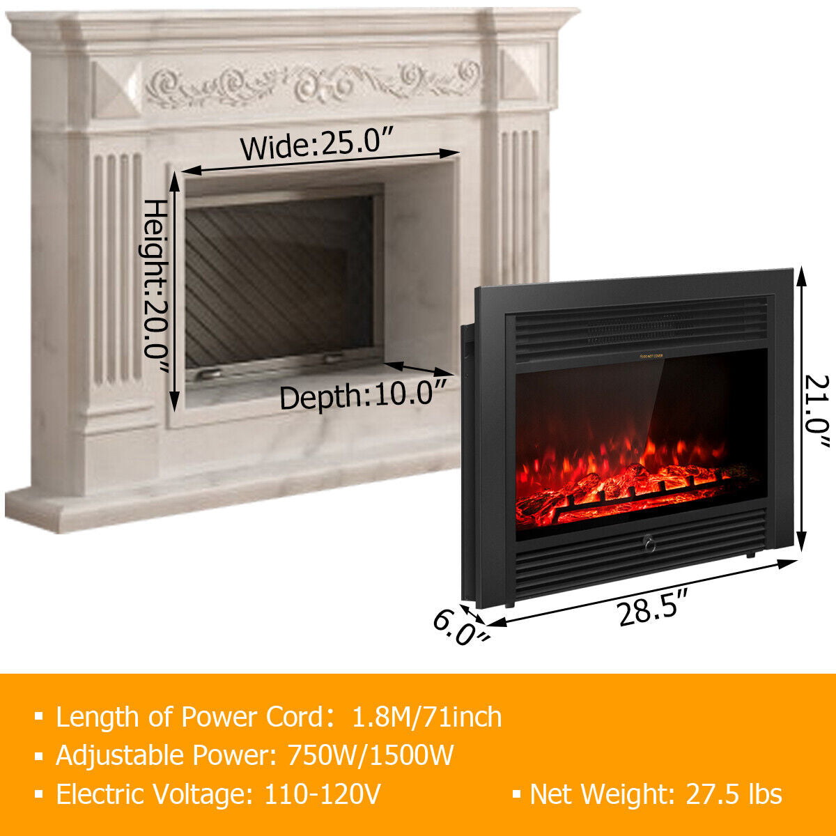 28.5 Inch Electric Fireplace Recessed with 3 Flame Colors & Adjustable Heat