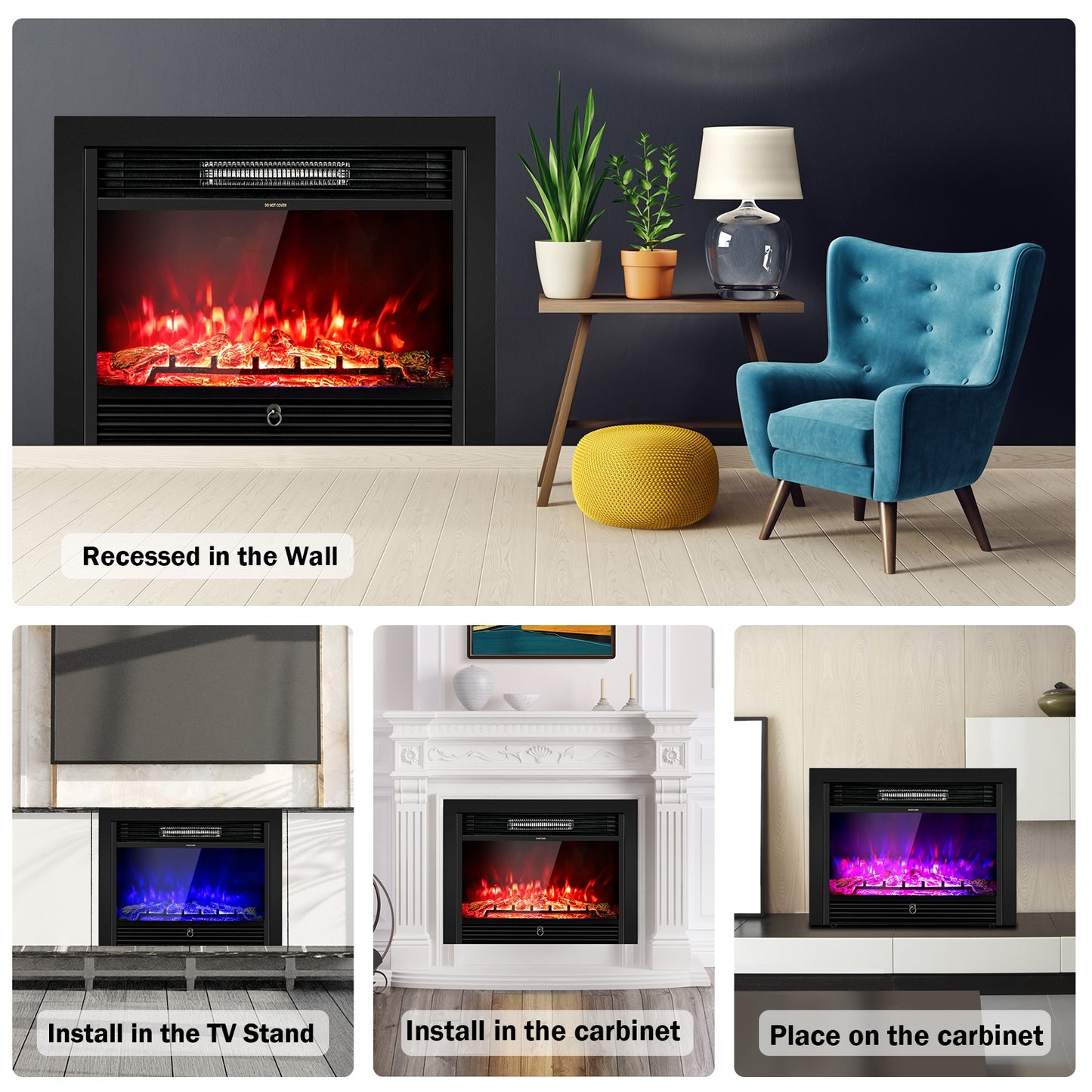 28.5 Inch Electric Fireplace Recessed with 3 Flame Colors & Adjustable Heat