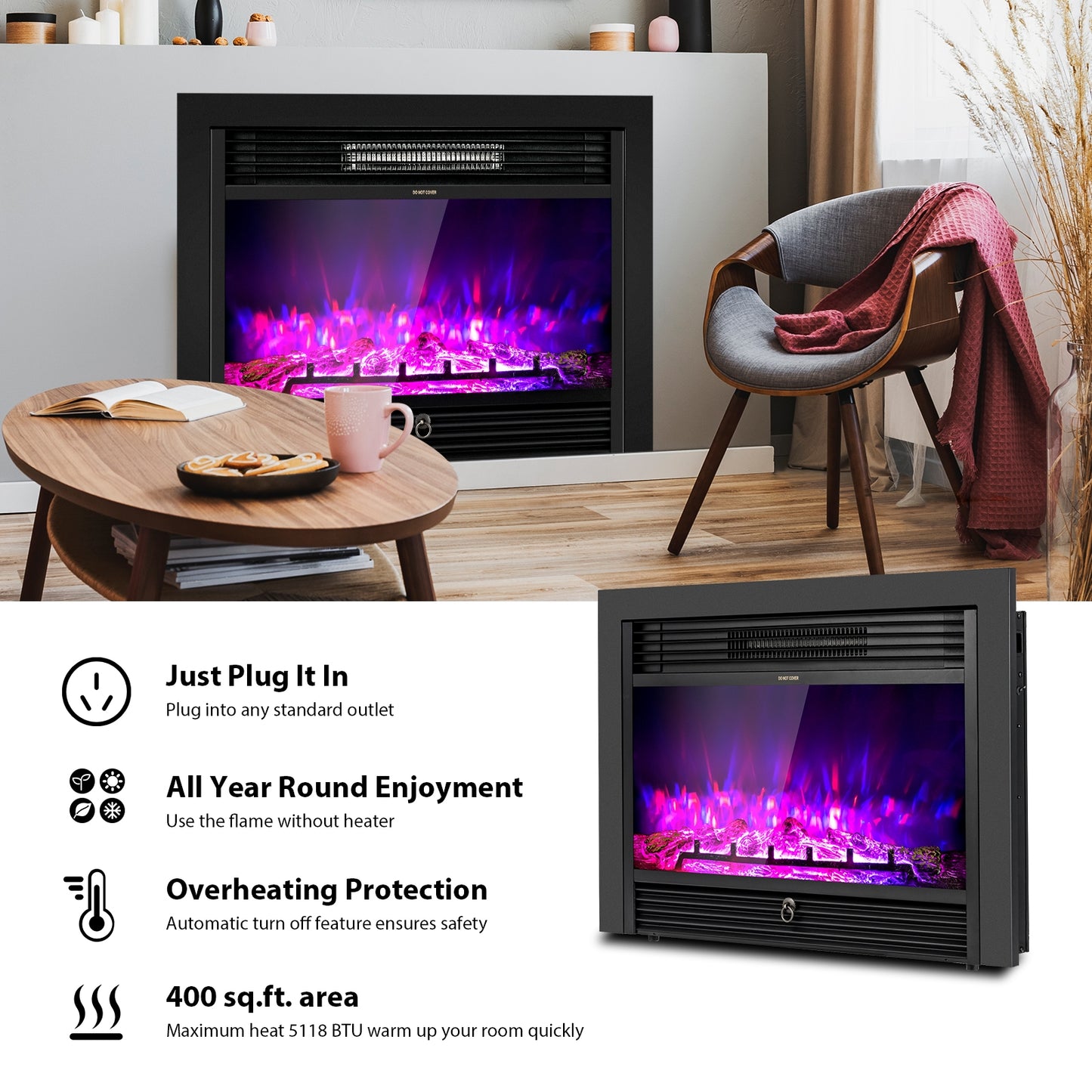 28.5 Inch Electric Fireplace Recessed with 3 Flame Colors & Adjustable Heat