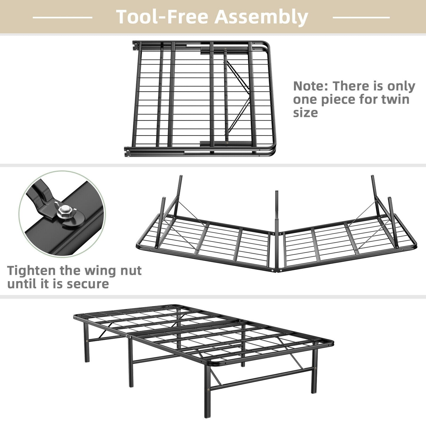 Compact Foldable Metal Platform Bed with Tool-Free Assembly – Twin Size