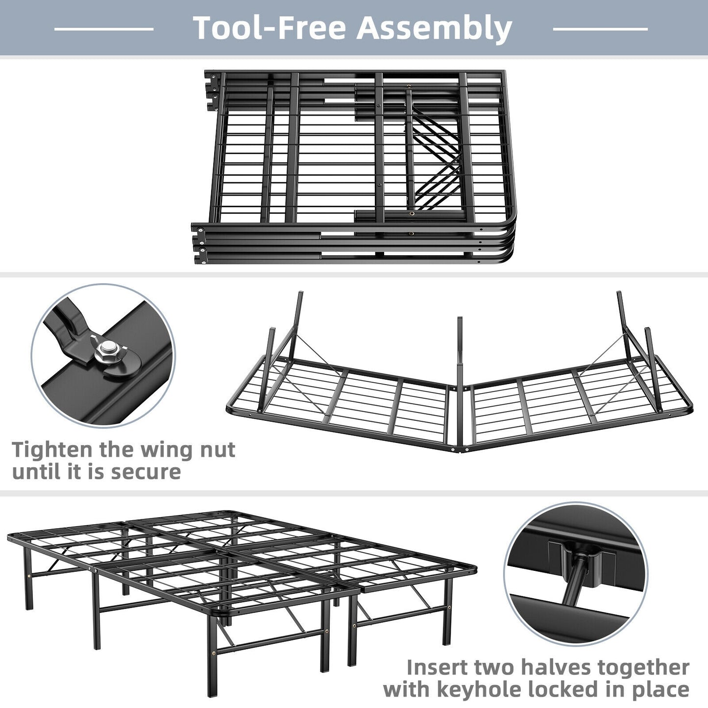 Compact Foldable Metal Platform Bed with Tool-Free Assembly – Full Size
