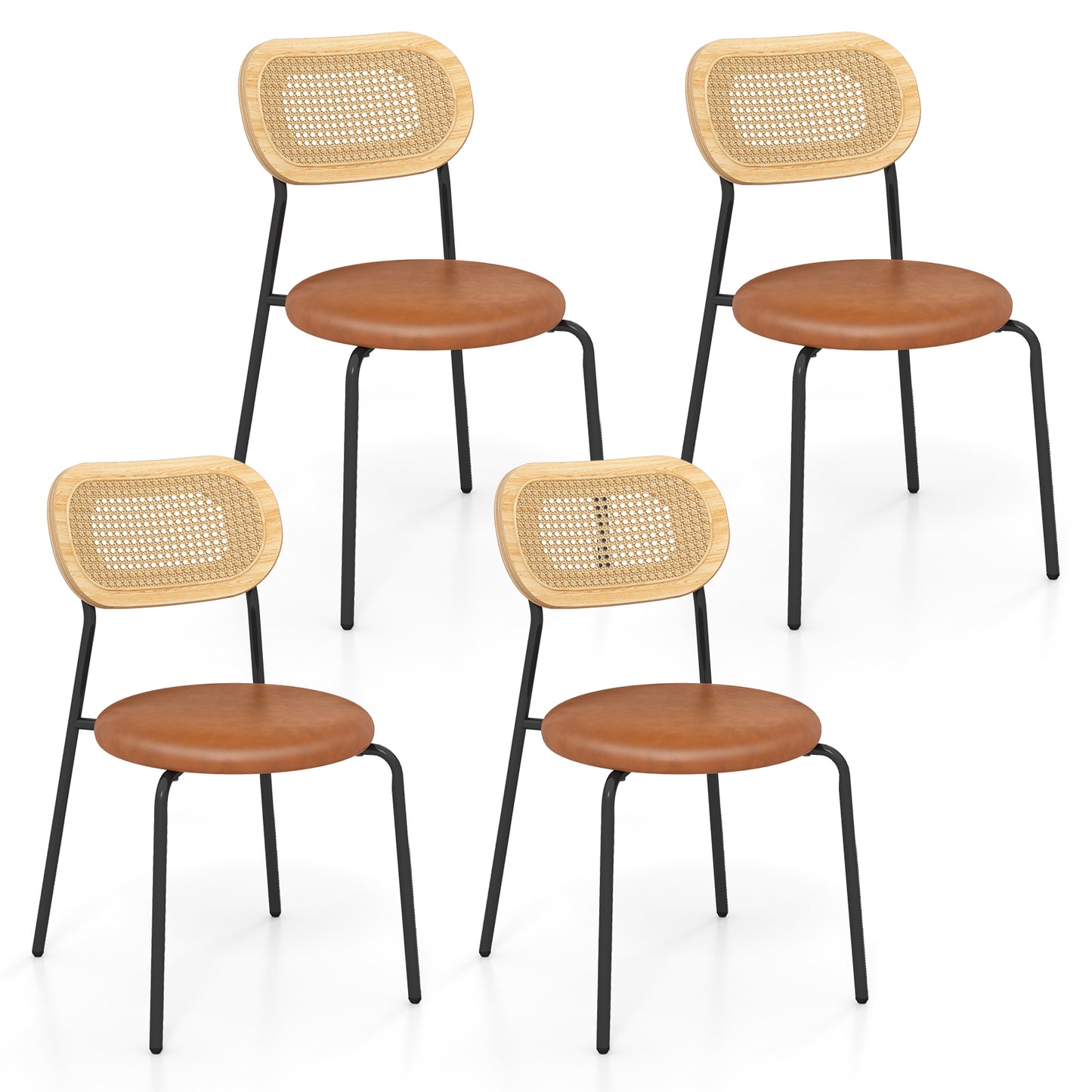 Pair of Rattan Dining Chairs with Metal Legs and Cushioned Seat - Coffee