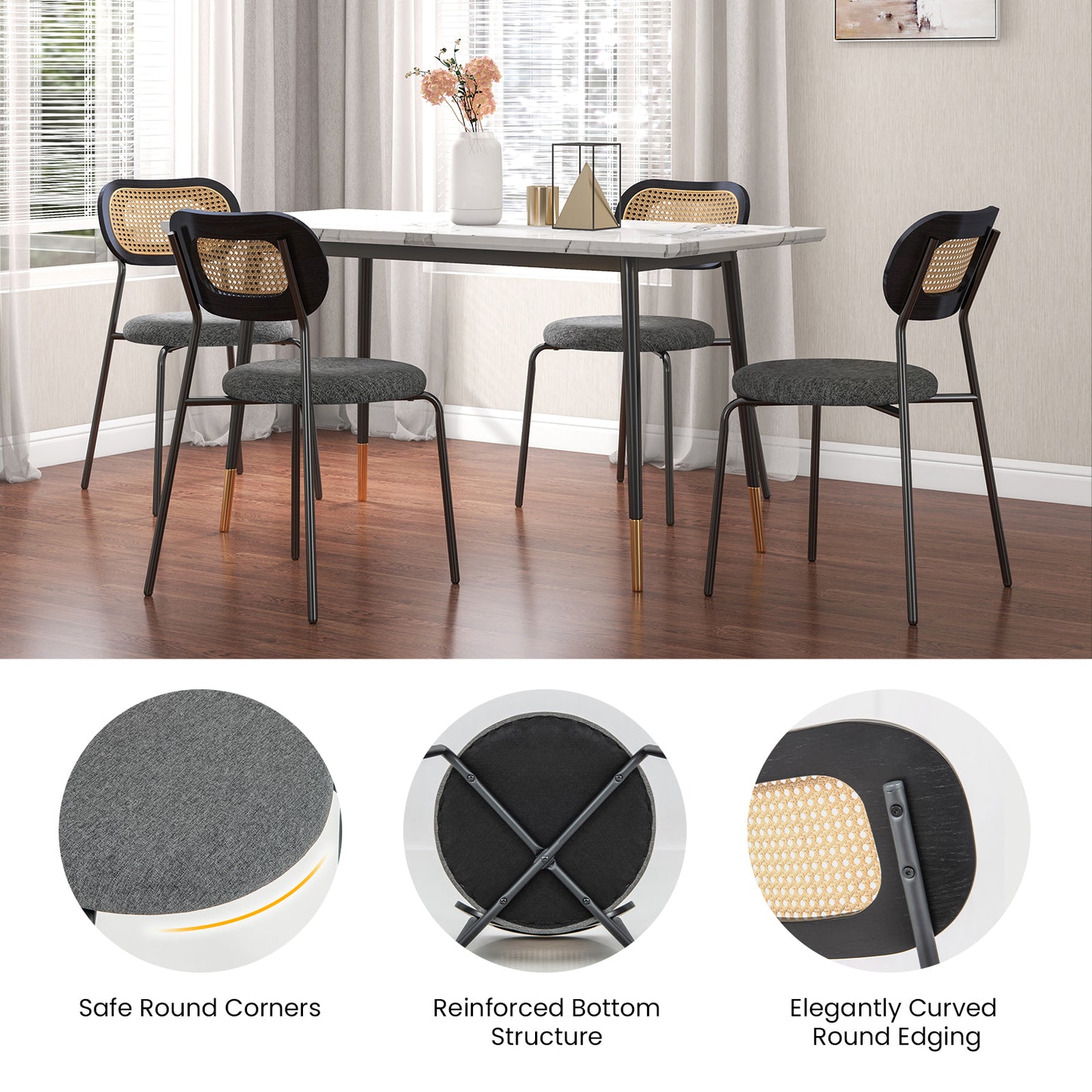 Pair of Rattan Dining Chairs with Metal Legs and Cushioned Seat - Grey