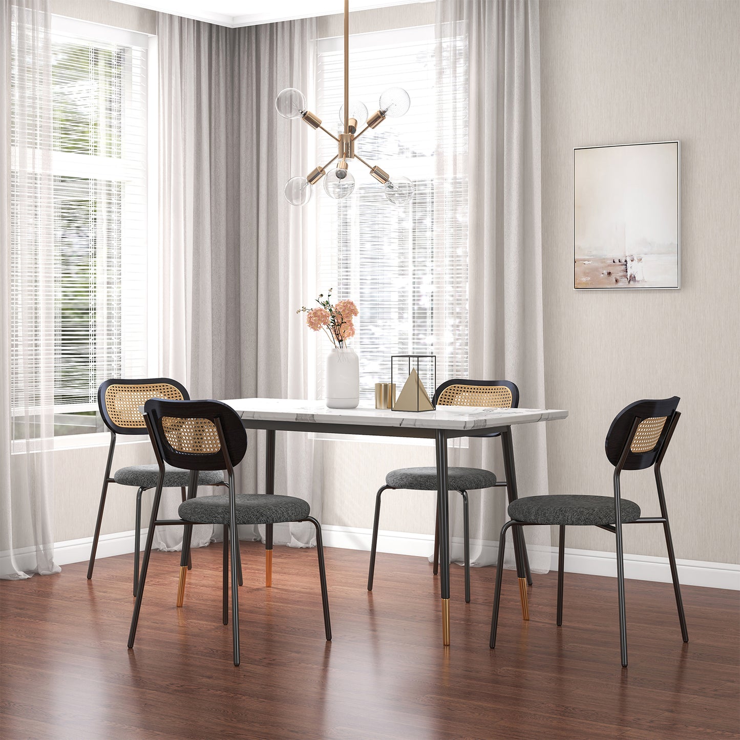 Pair of Rattan Dining Chairs with Metal Legs and Cushioned Seat - Grey
