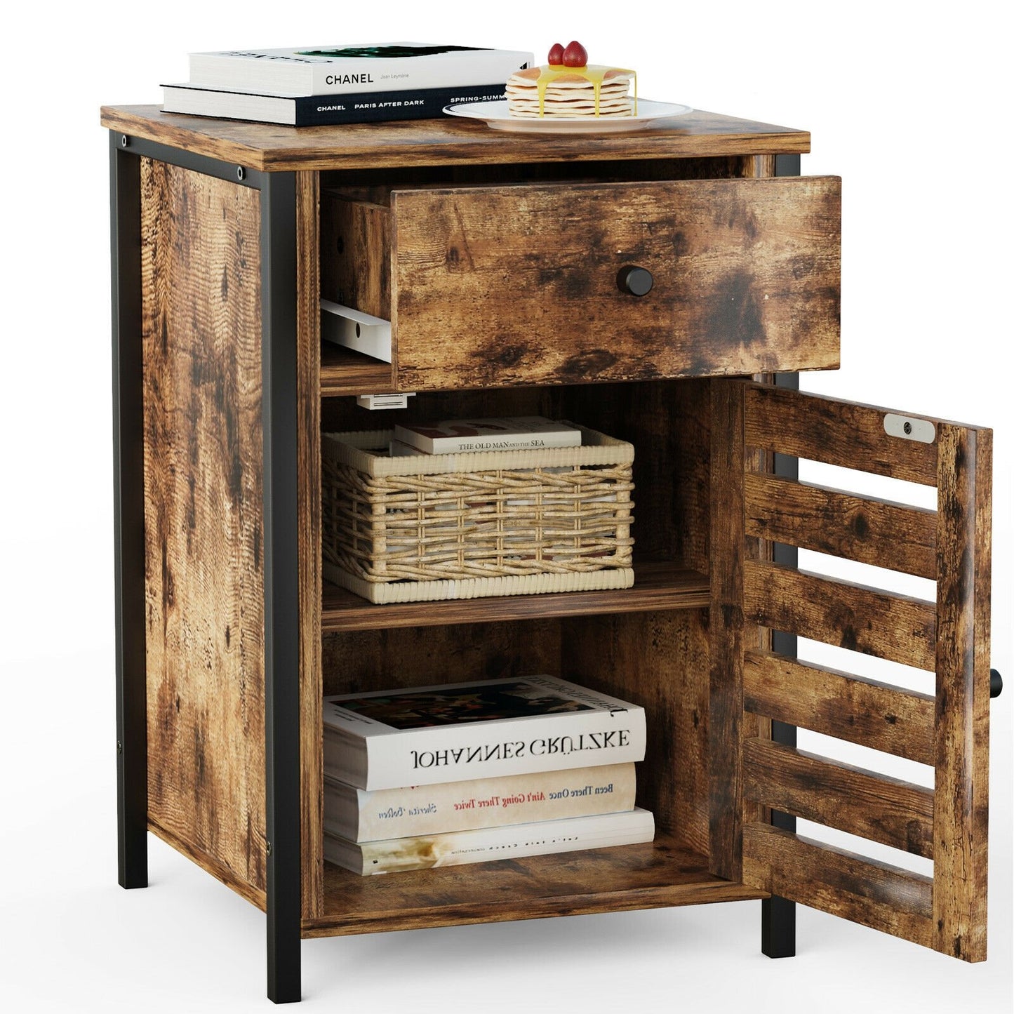 Industrial Nightstand with Drawer and Adjustable Shelf for Bedroom and Living Room Storage