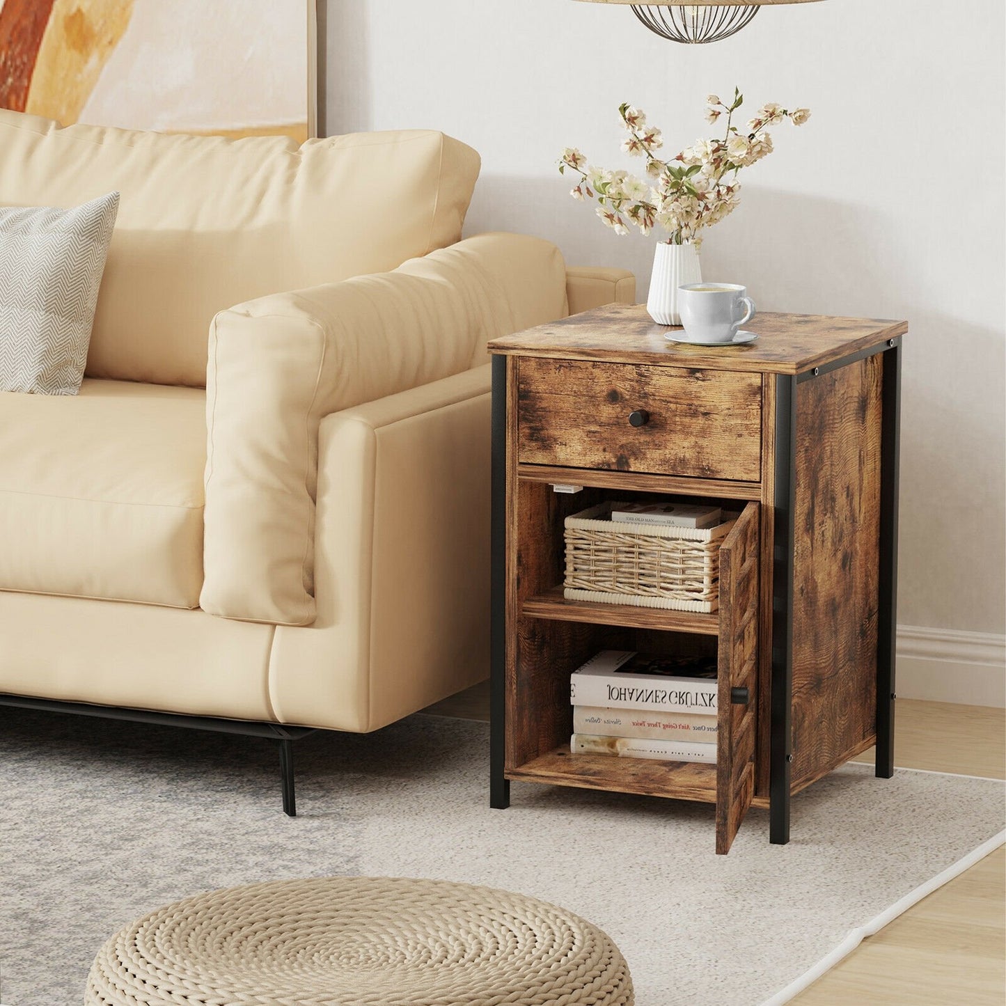 Industrial Nightstand with Drawer and Adjustable Shelf for Bedroom and Living Room Storage