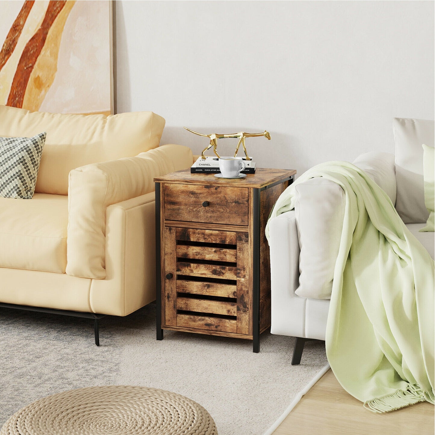 Industrial Nightstand with Drawer and Adjustable Shelf for Bedroom and Living Room Storage