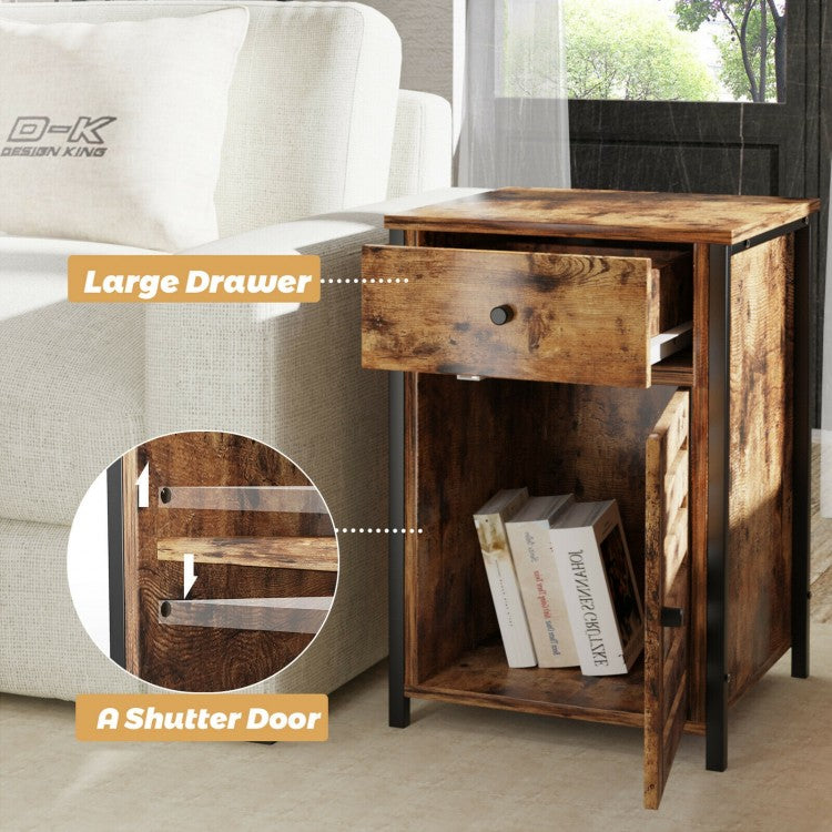 Industrial Nightstand with Drawer and Adjustable Shelf for Bedroom and Living Room Storage