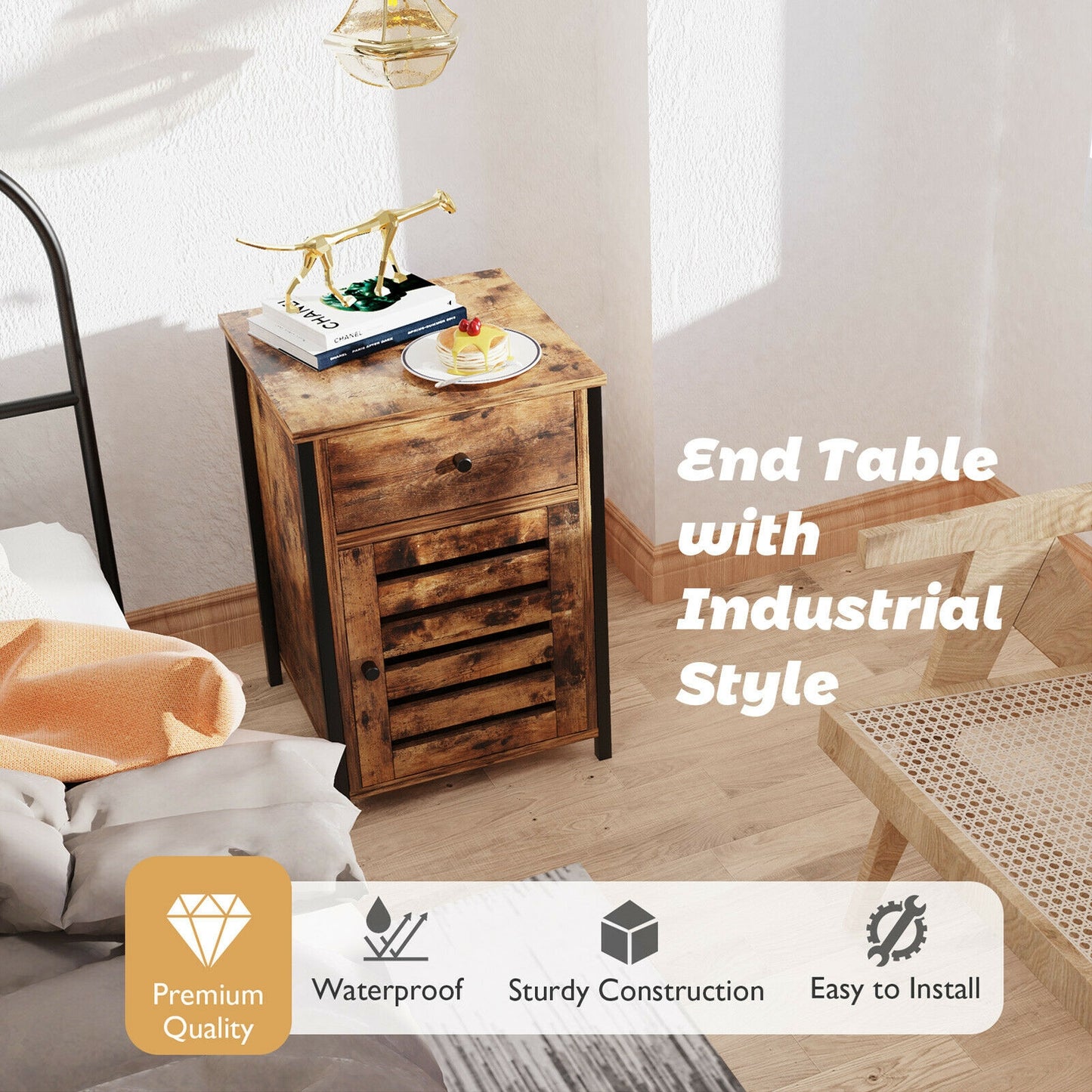 Industrial Nightstand with Drawer and Adjustable Shelf for Bedroom and Living Room Storage