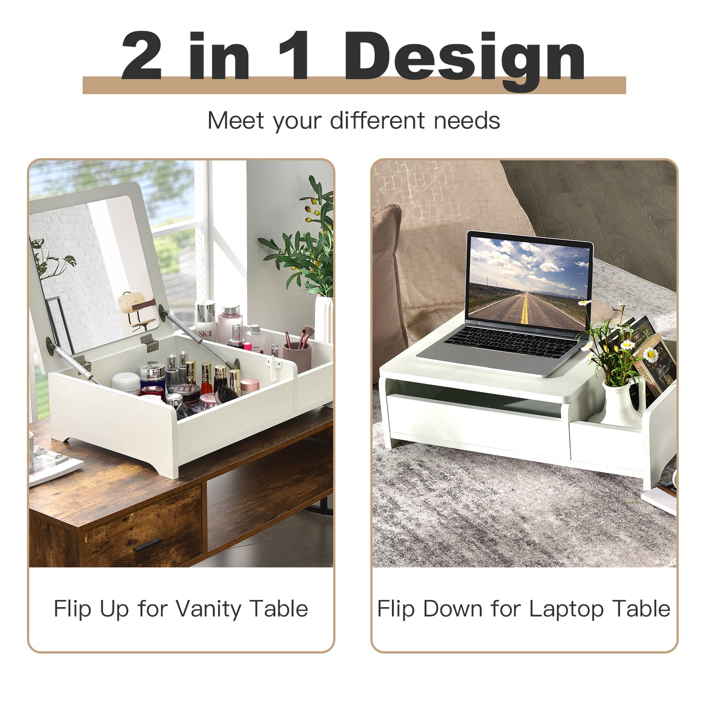 Compact Makeup Table with Flip Top Mirror and Storage White